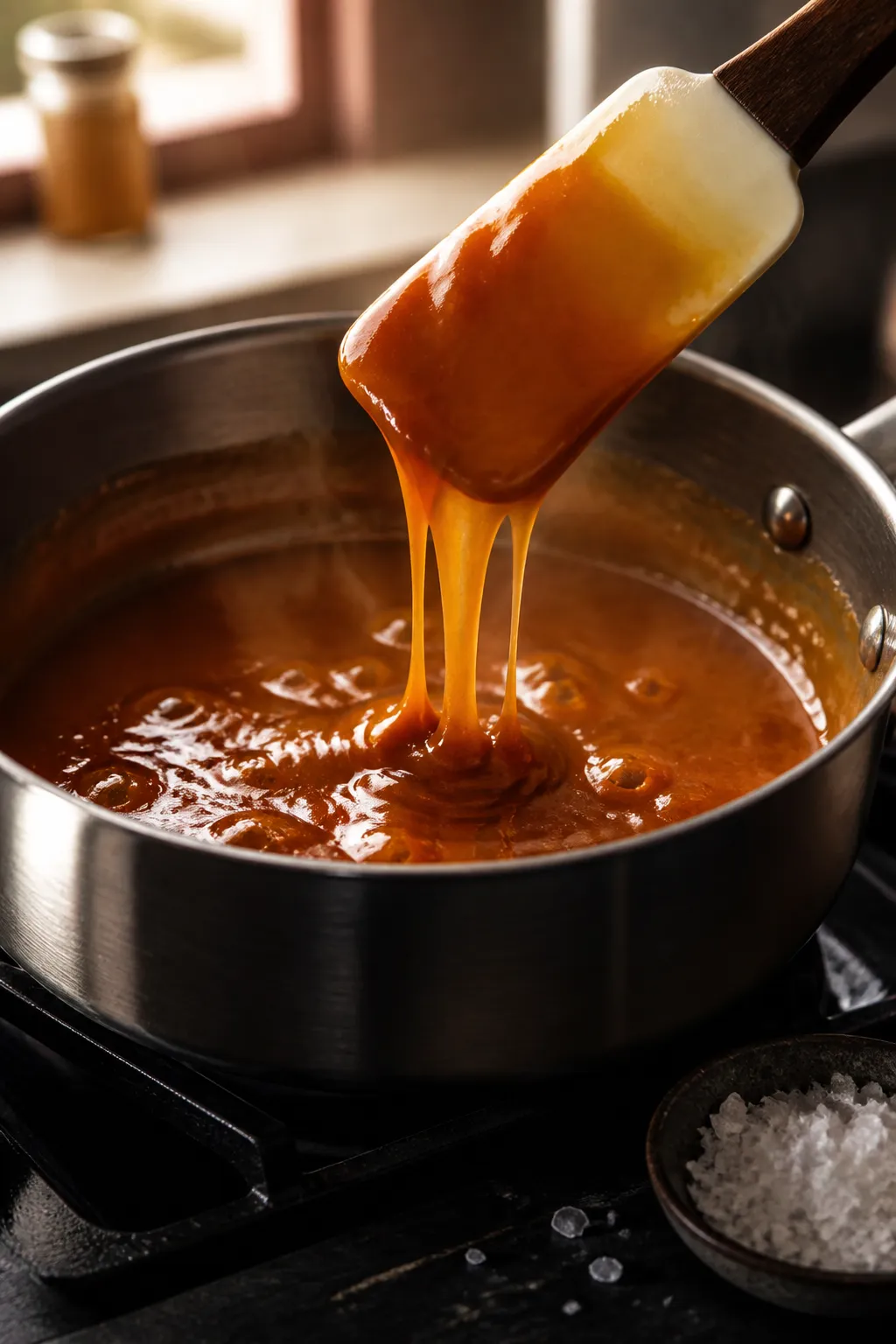 Close-up detail, cooking process: Deep amber caramel just after butter and warm cream have been whis