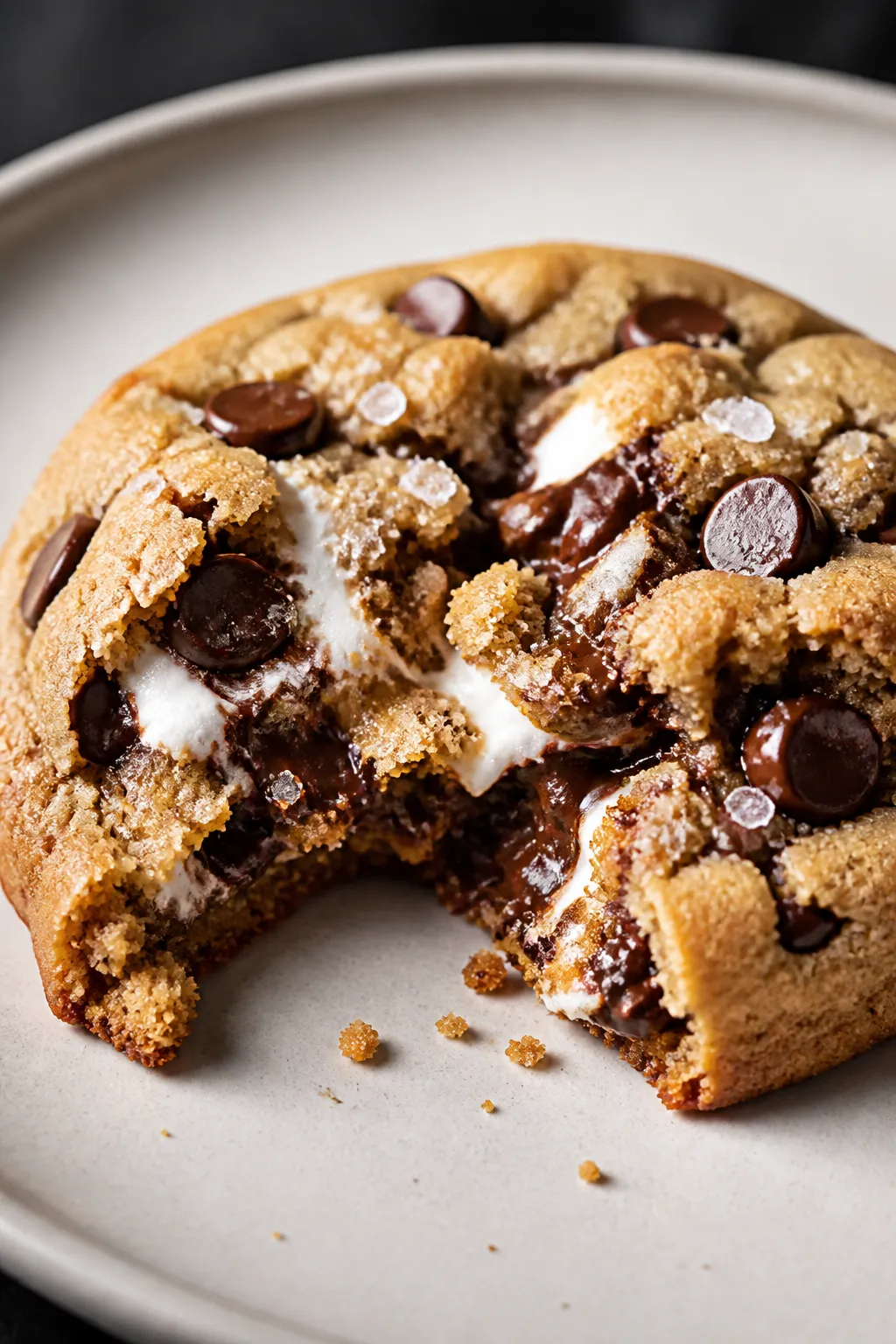 Close-up detail of a single S’mores Chocolate Chip Cookie on a simple ceramic plate, broken open t