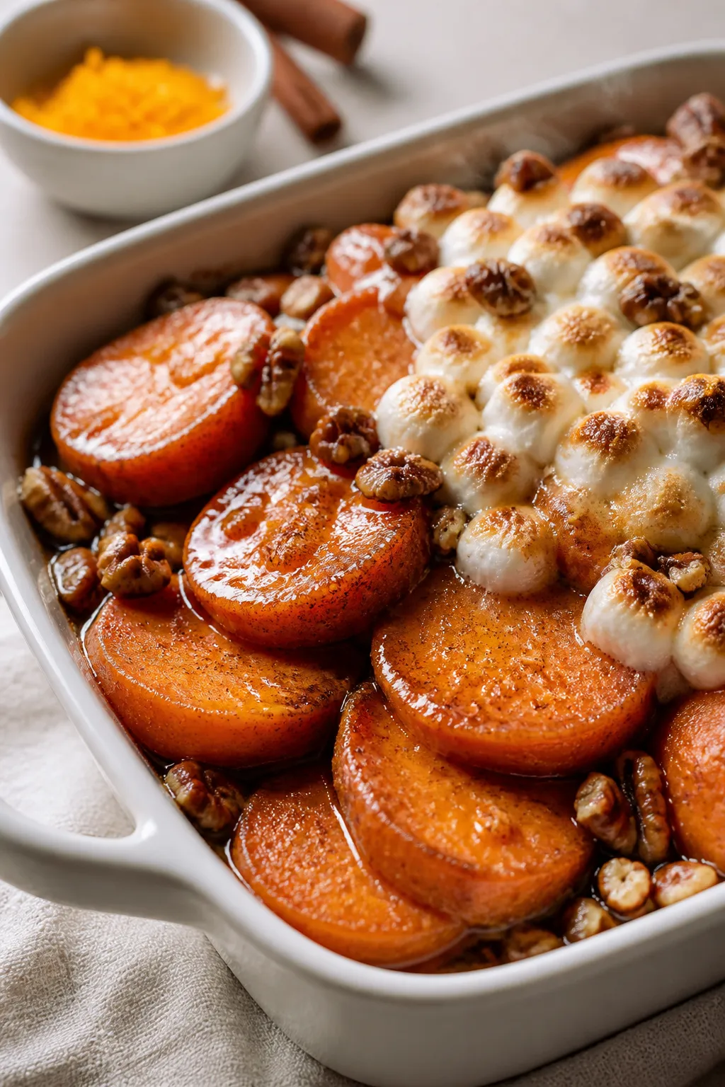 Close-up detail of candied sweet potatoes in a buttered casserole, caramelized and glossy: thick 1/2