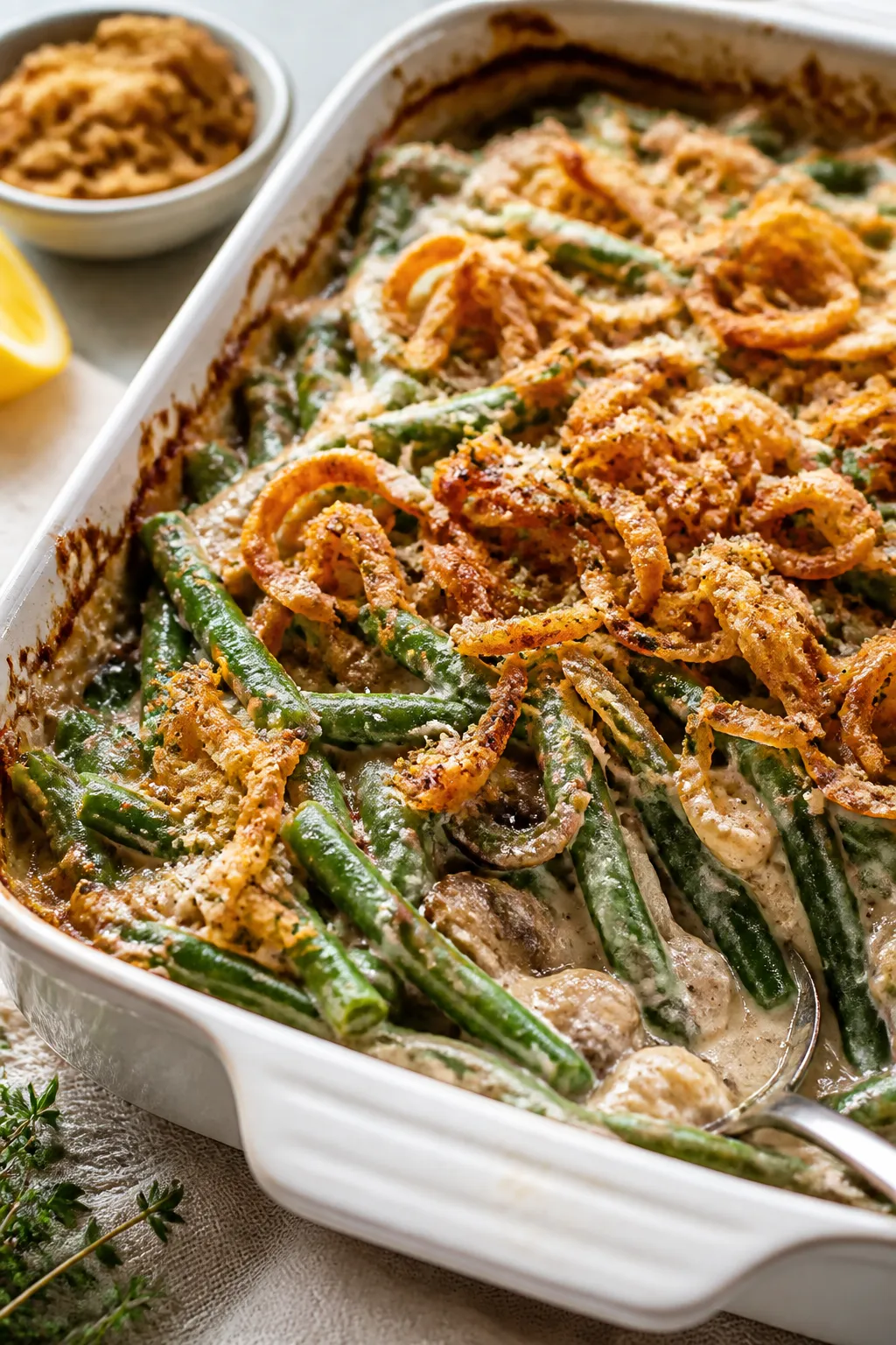 Close-up detail of the baked green bean casserole just out of the oven: vibrant crisp-tender green b