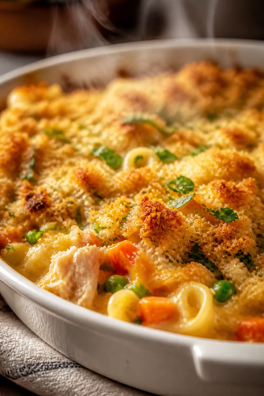 Close-up detail shot: A golden-brown turkey noodle casserole just out of the oven, bubbling at the e