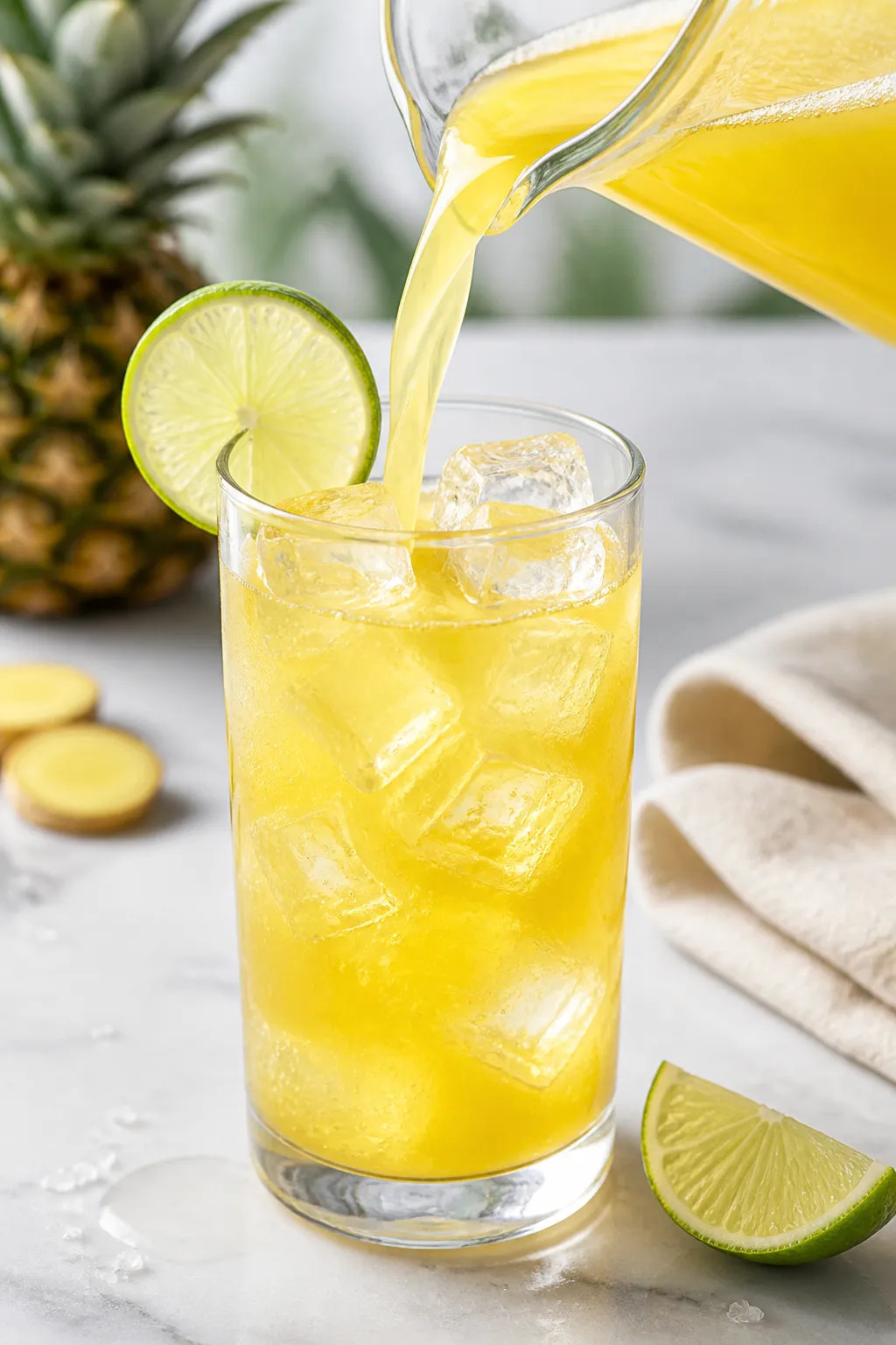 Close-up detail: Strained pineapple juice being poured from a glass pitcher over clinking ice into a