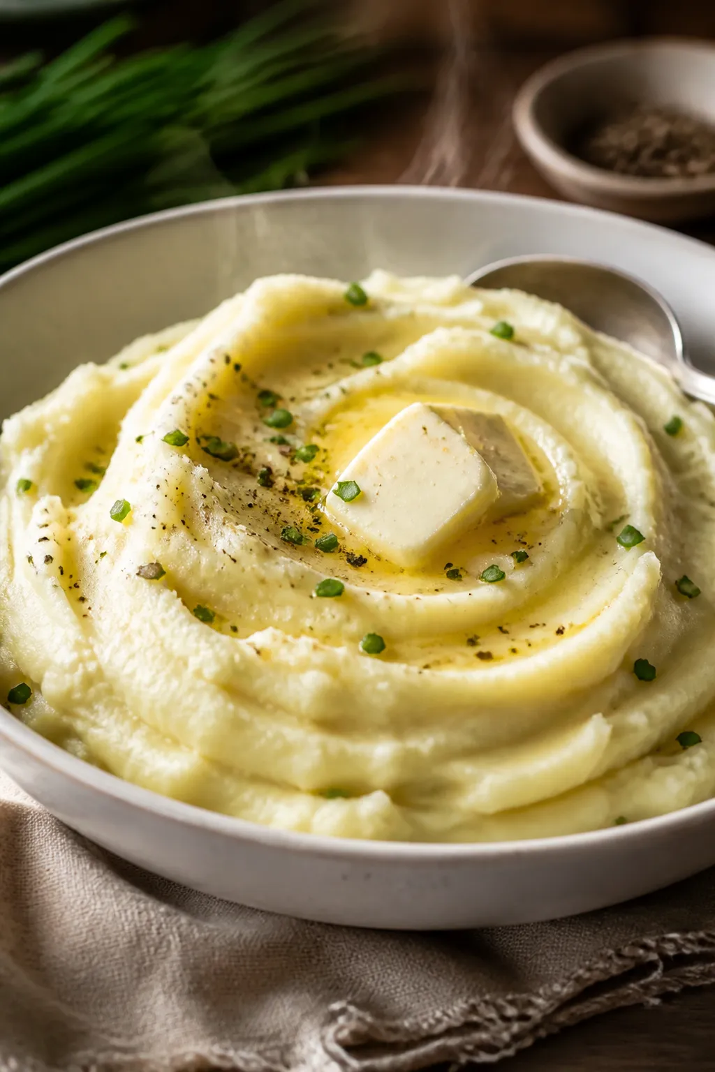 Close-up final presentation of creamy mashed potatoes in a wide, shallow white bowl, buttery swirls 