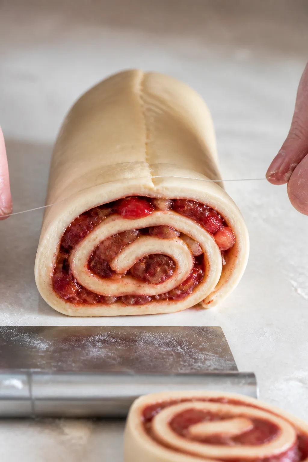 Close-up process detail of a sliced roll being cut with unflavored dental floss on a lightly floured