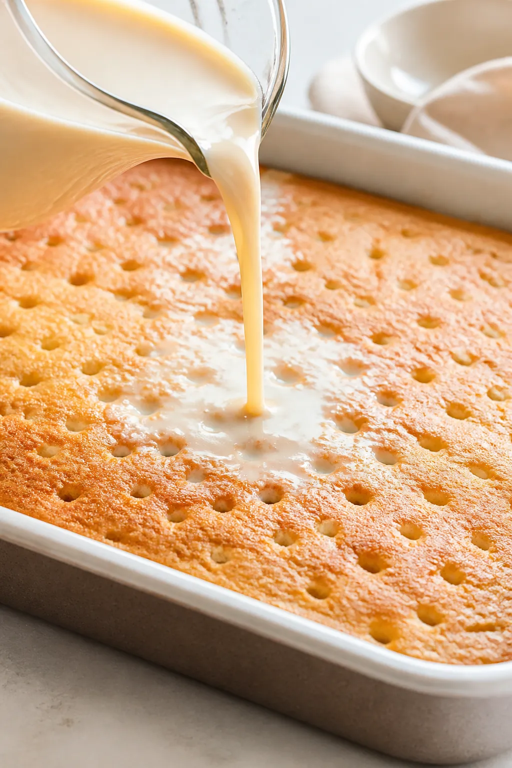 Close-up process shot: Warm sponge cake in a 9x13 pan just after baking, surface lightly golden and 