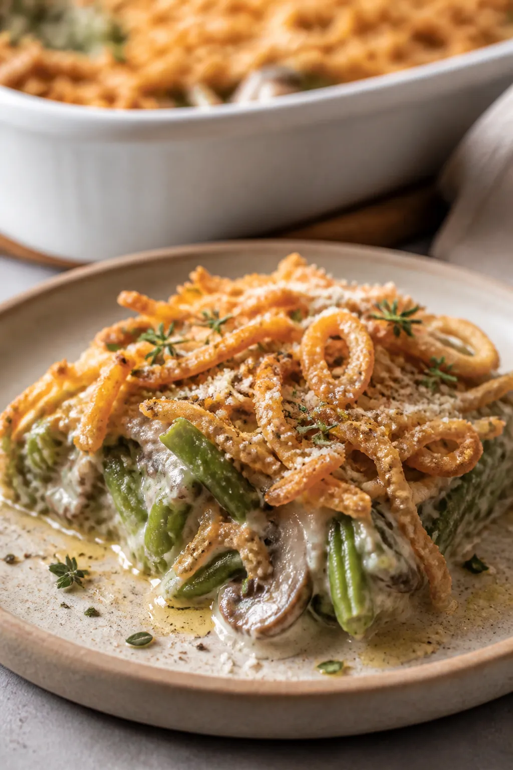 Close-up, three-quarter angle detail of a plated serving: a generous scoop of green bean casserole w