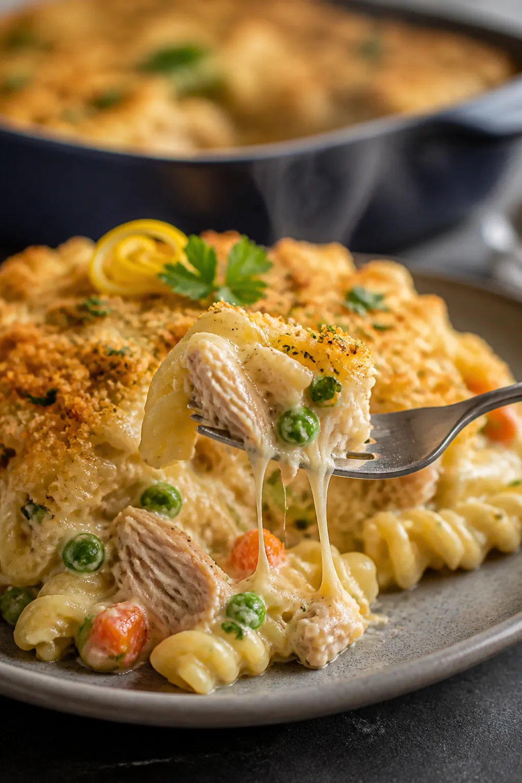 Close-up three-quarter angle of a plated serving of creamy chicken casserole on a matte stoneware pl