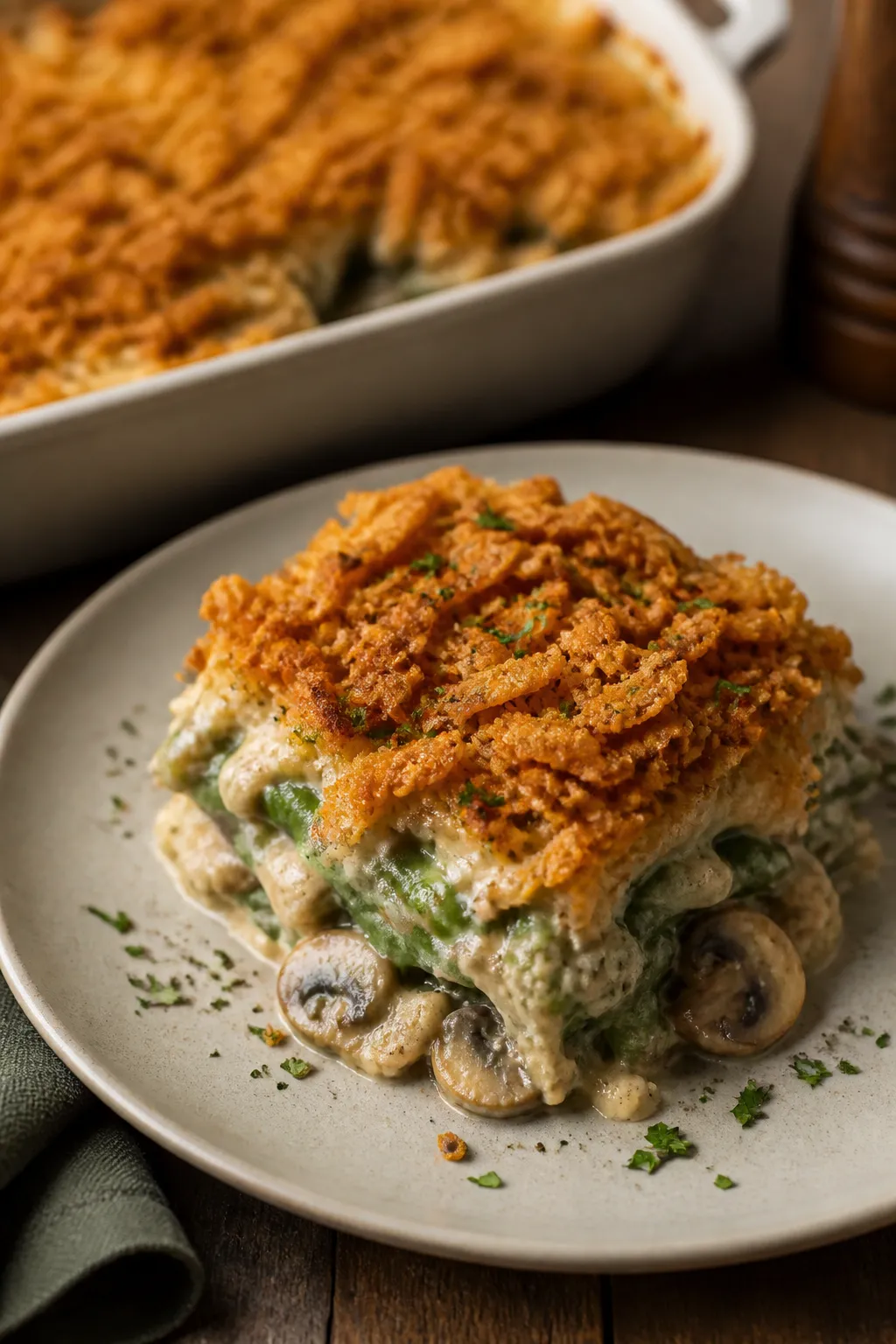 Close-up, three-quarter angle of the finished green bean casserole with the final layer of French-fr