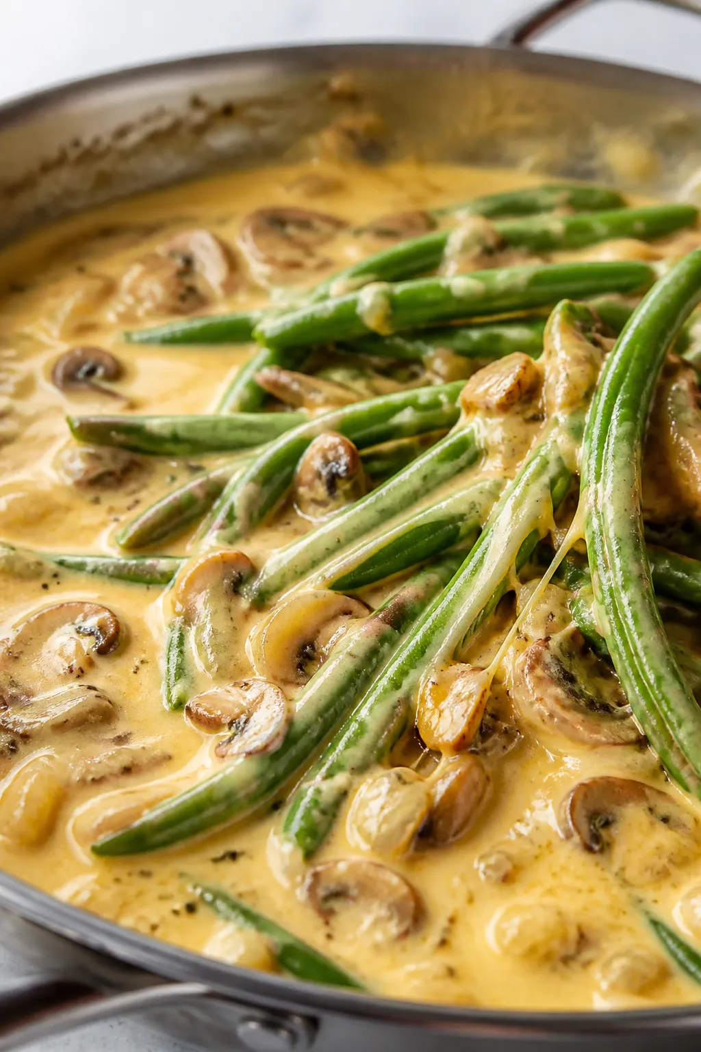 Cooking process close-up: Blanched green beans being folded into a silky, from-scratch cheese sauce 