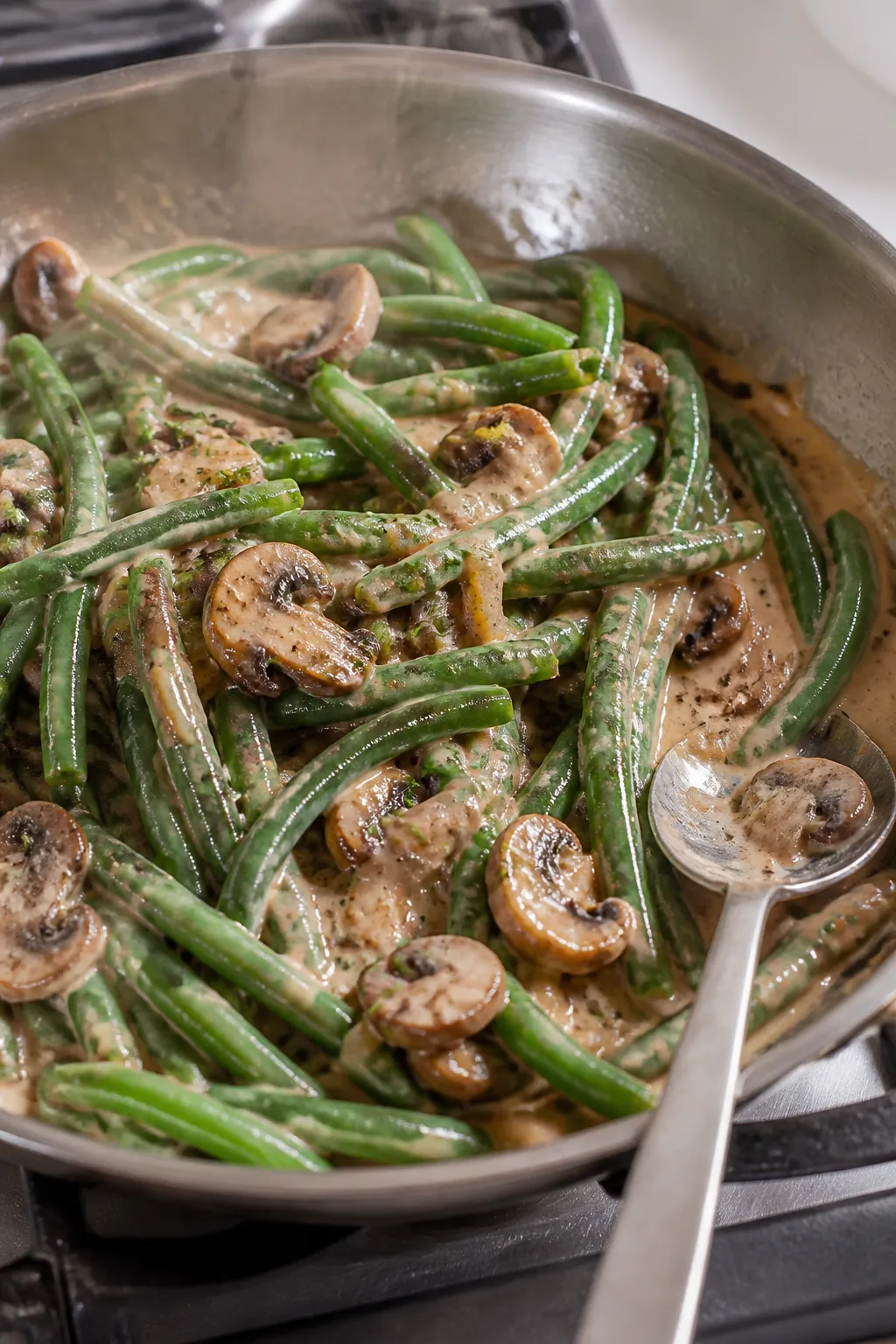 Cooking process close-up: Blanched green beans being folded into a silky homemade mushroom cream sau