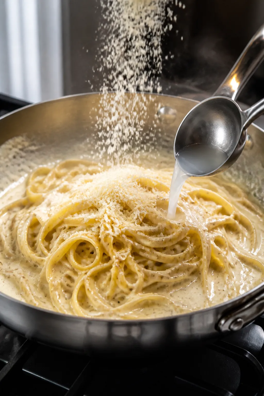 Cooking process, close-up detail: Creamy Alfredo sauce in a wide stainless-steel skillet over low he