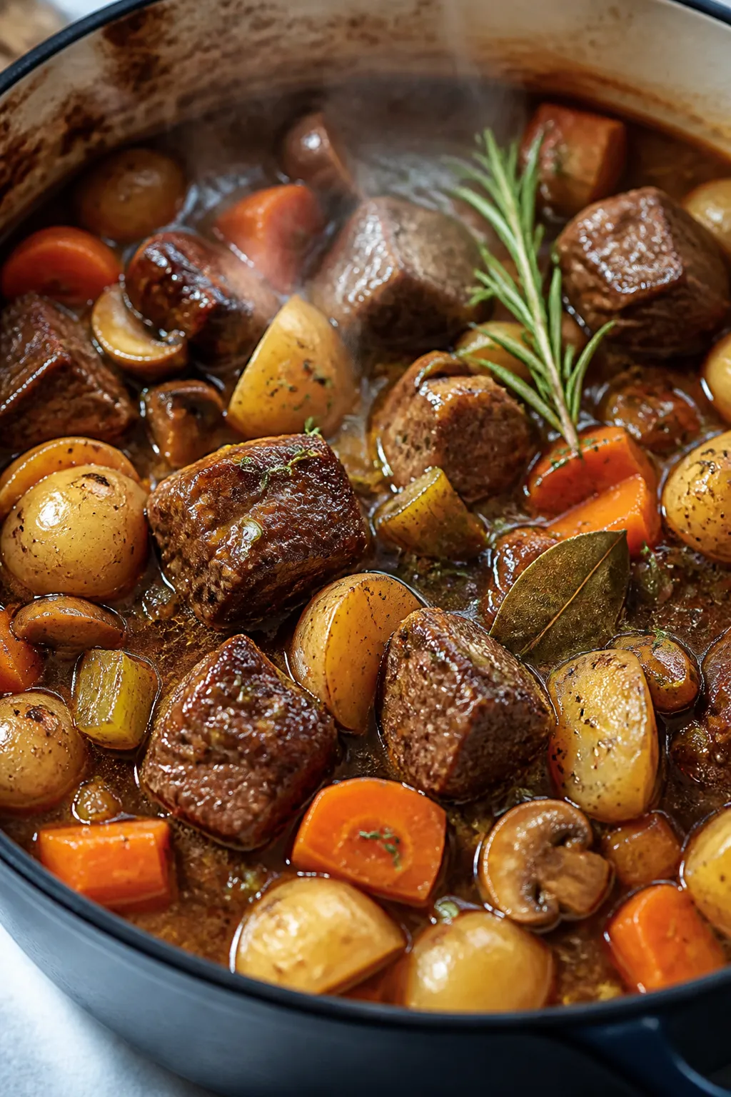 Cooking process, close-up detail: Dutch oven beef casserole mid-braise, close-up of fork-tender brow