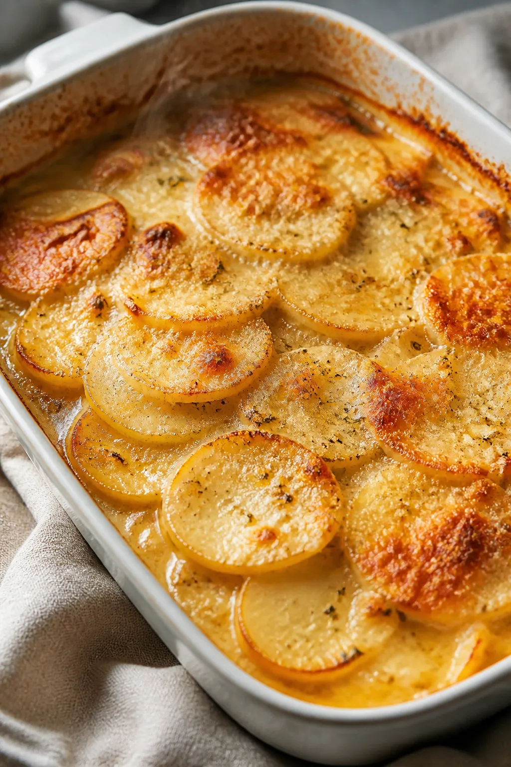 Cooking process close-up: Golden, bubbling potato casserole mid-bake with foil just removed, overhea