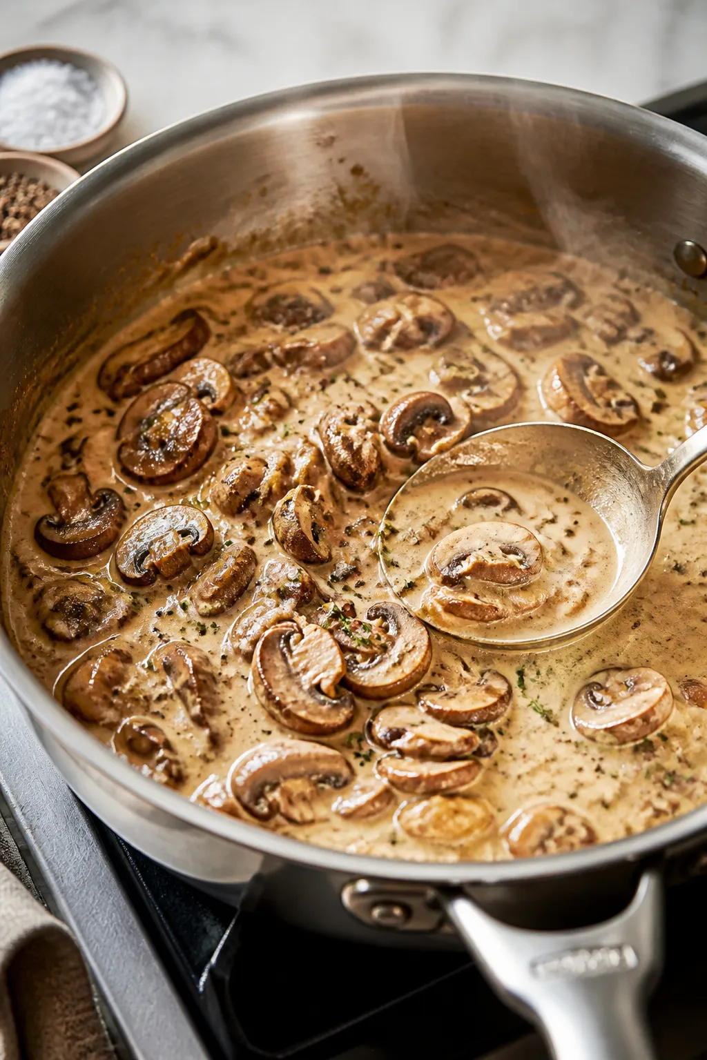 Cooking process close-up: Sautéed mushroom cream sauce being built in a wide stainless skillet, mus