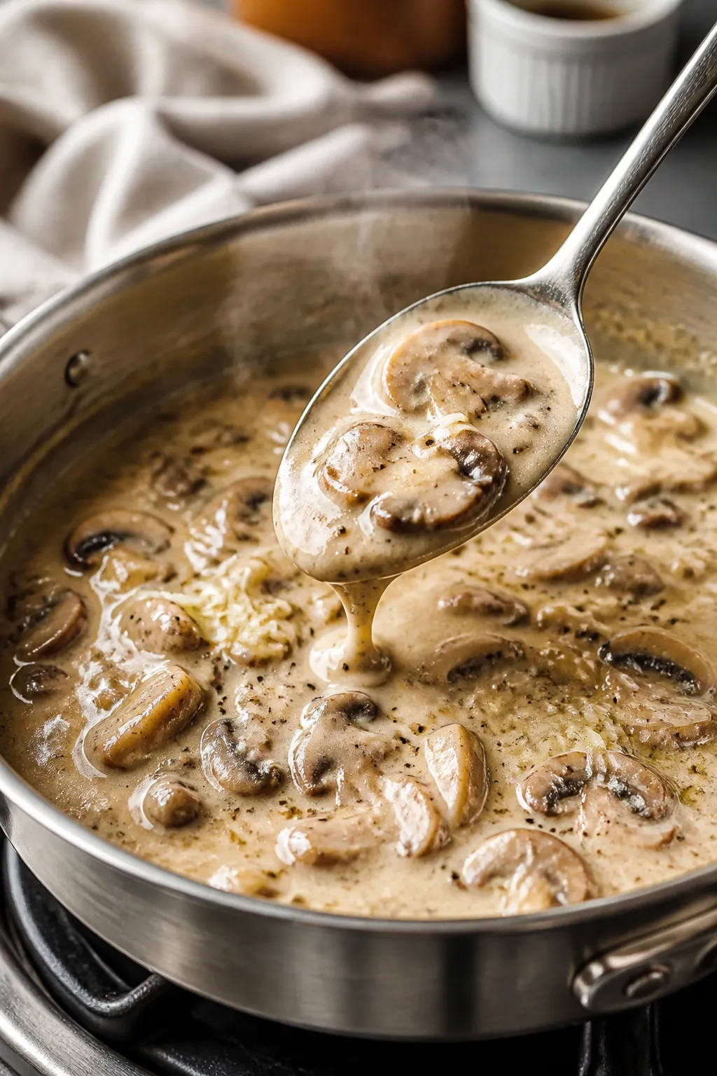 Cooking process close-up: Sautéed mushroom cream sauce for green bean casserole thickening in a sta