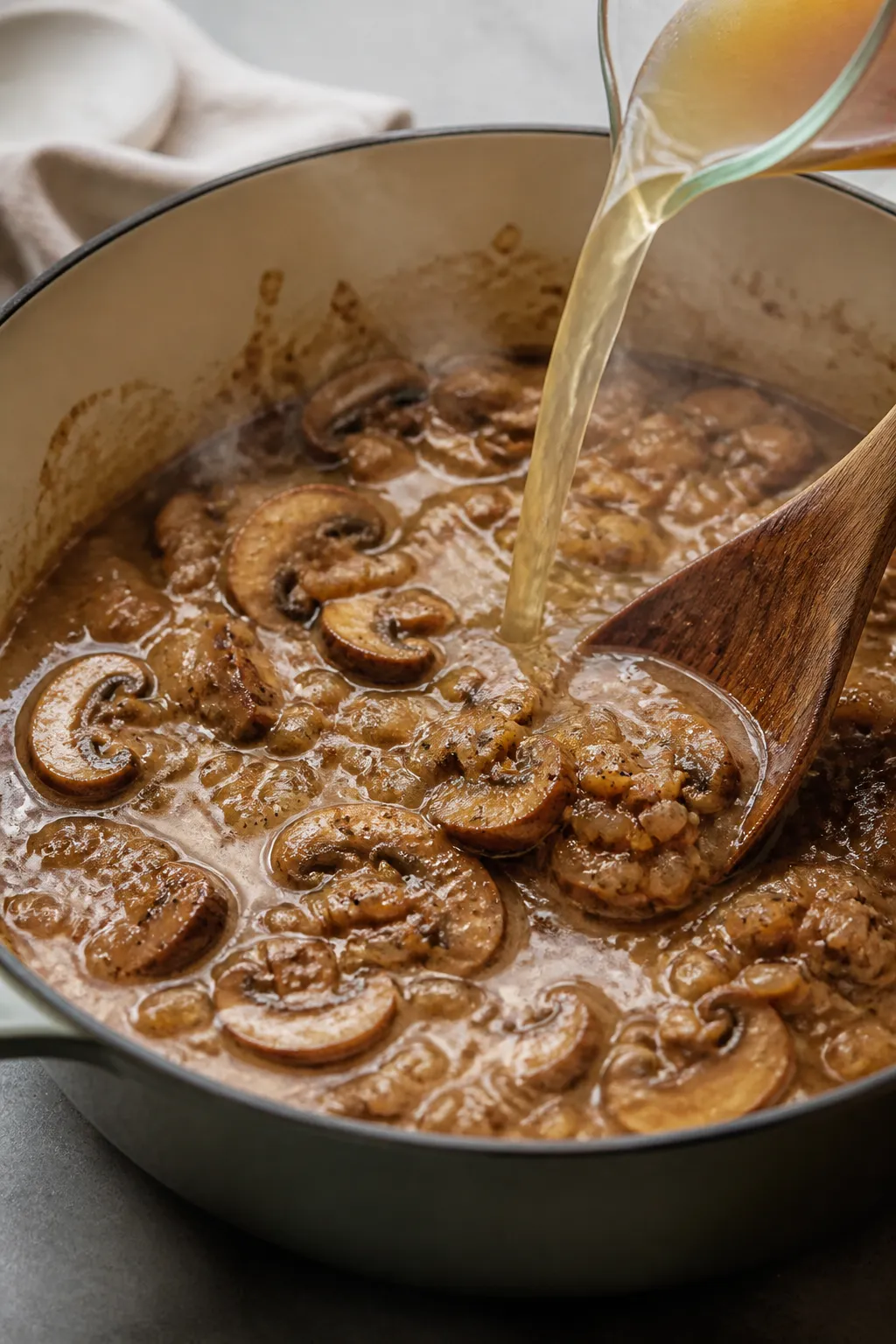 Cooking process close-up: Sautéed mushroom gravy coming together in a wide, heavy pot—golden onio