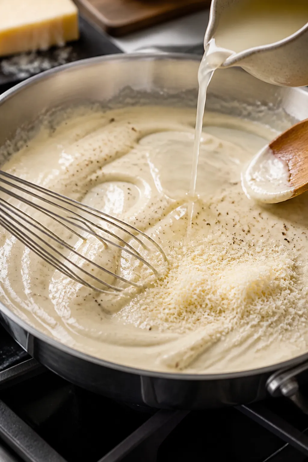 Cooking process close-up: Silky Alfredo sauce being whisked off-heat in a wide stainless skillet, sh