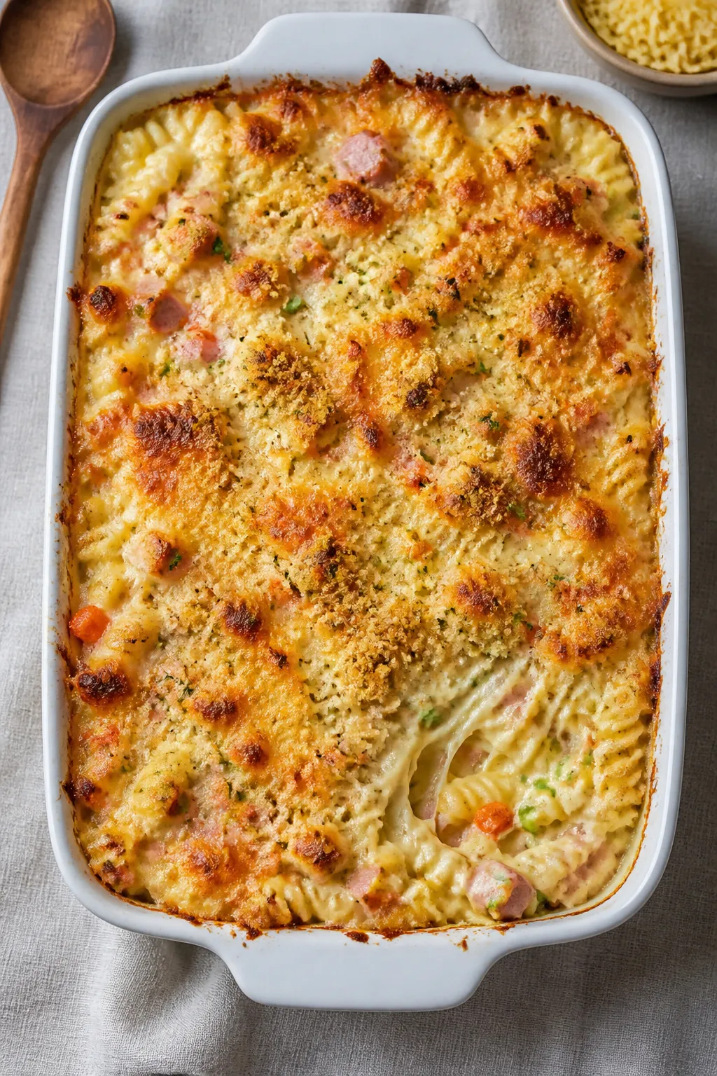 Cooking process: Golden, bubbling ham and pasta casserole just out of the oven in a 9x13 ceramic bak
