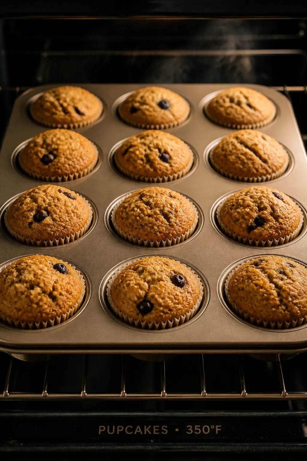 Cooking process — Pupcakes in the oven: Close-up of a 12-cup muffin tin filled 3/4 with baked gold