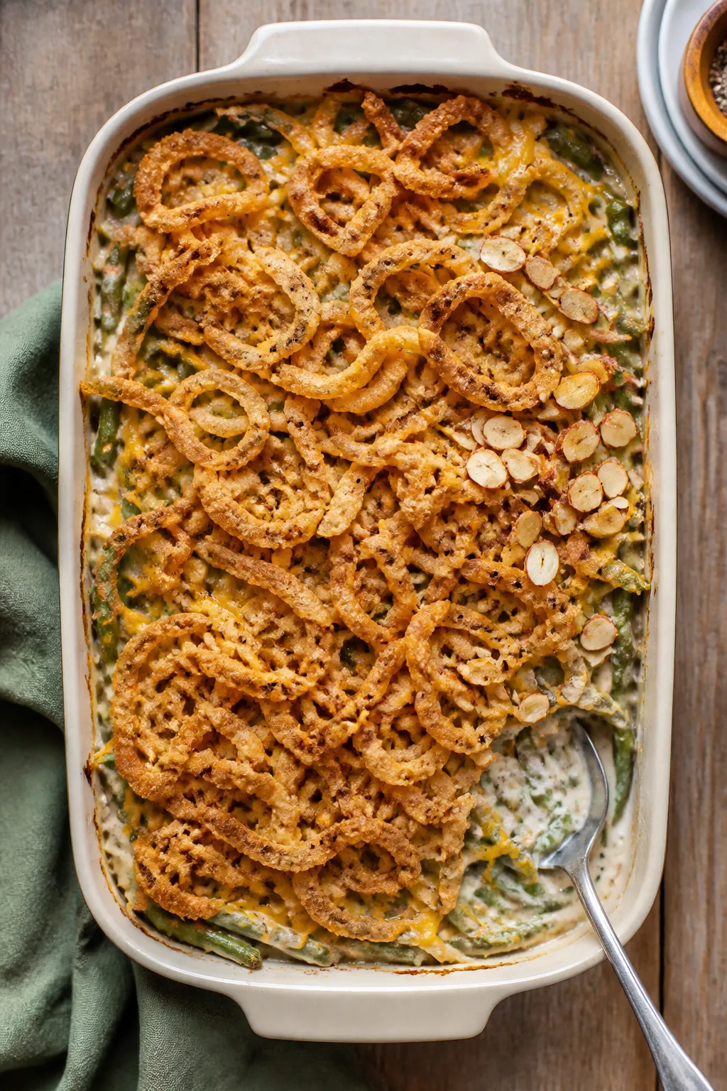 Final dish overhead: Classic green bean casserole in a 9x13 ceramic baking dish, bubbling edges and 