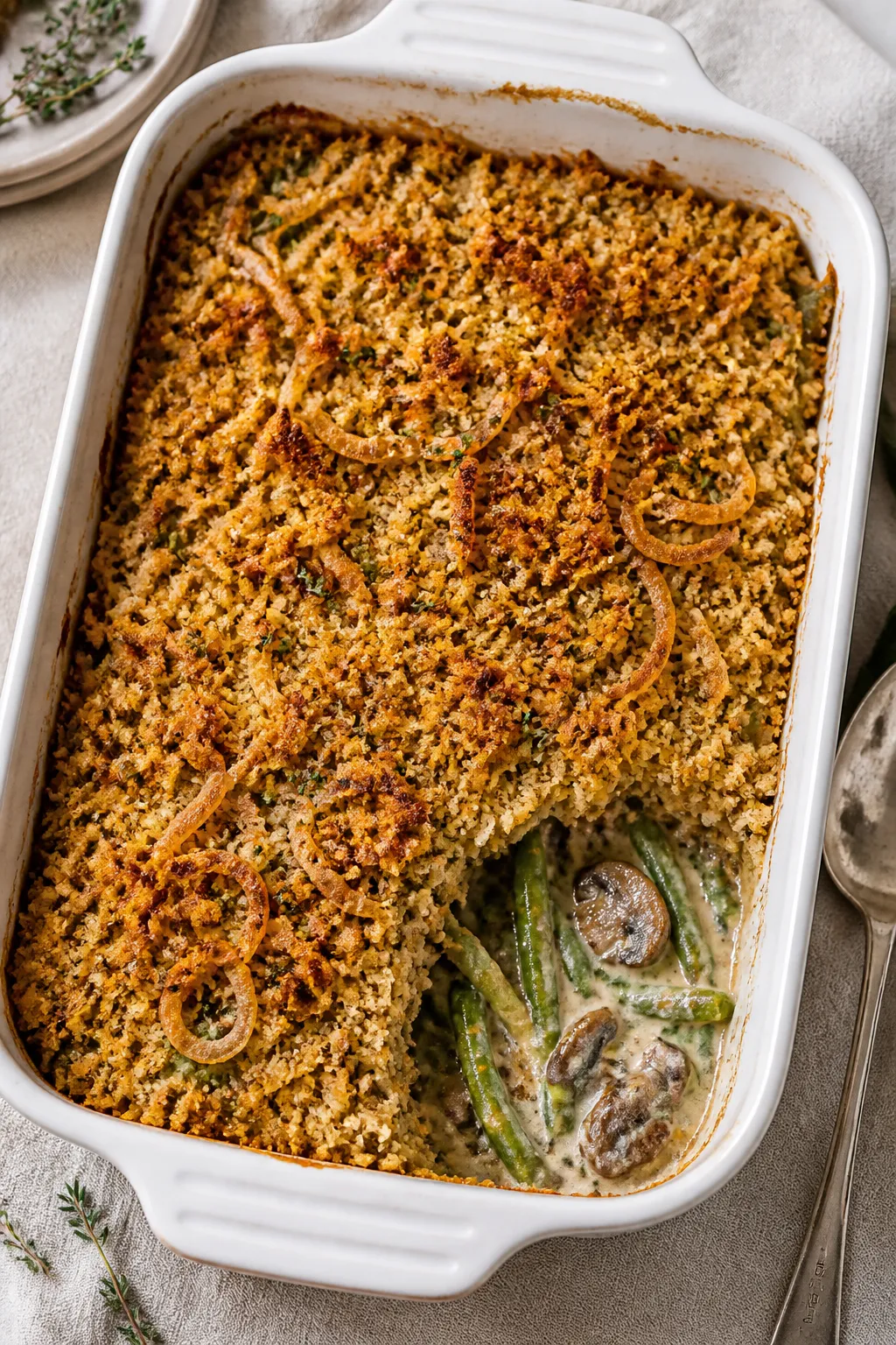 Final dish overhead: Golden-baked green bean casserole in a 9x13 ceramic baking dish, top-down shot 