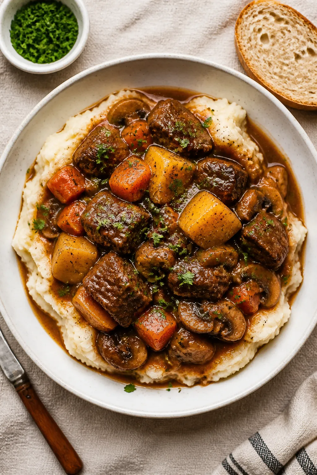 Final dish, overhead presentation: Tasty top-down shot of a generous bowl of finished beef casserole