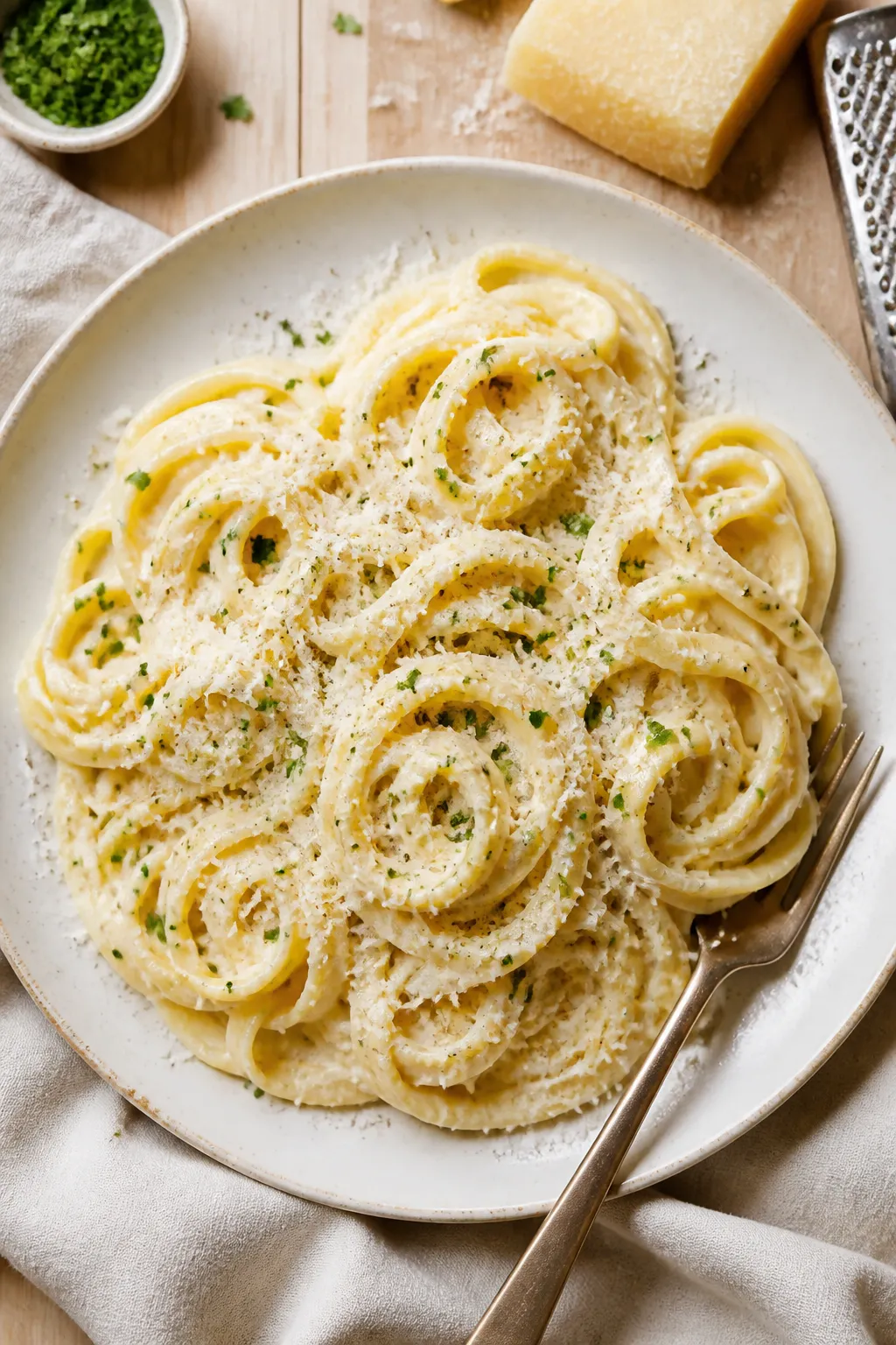 Final dish, tasty top view: Overhead shot of classic Fettuccine Alfredo twirled into soft nests on a