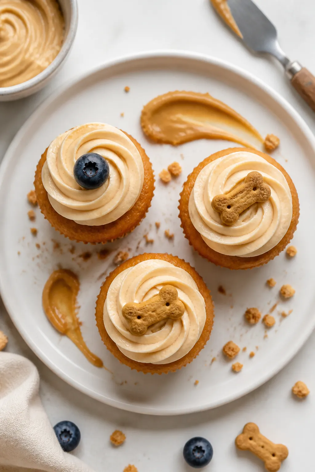 Final dish, tasty top view: Overhead shot of three standard pup cakes on a matte white plate, each t