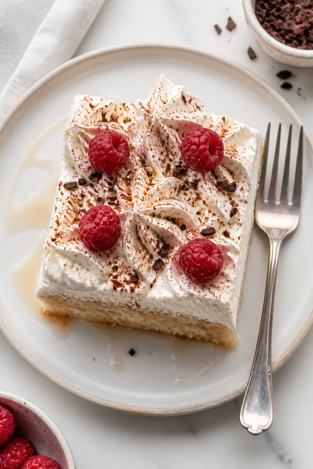 Final plated dessert, overhead: Chilled leches cake slice topped with soft swoops of whipped cream a