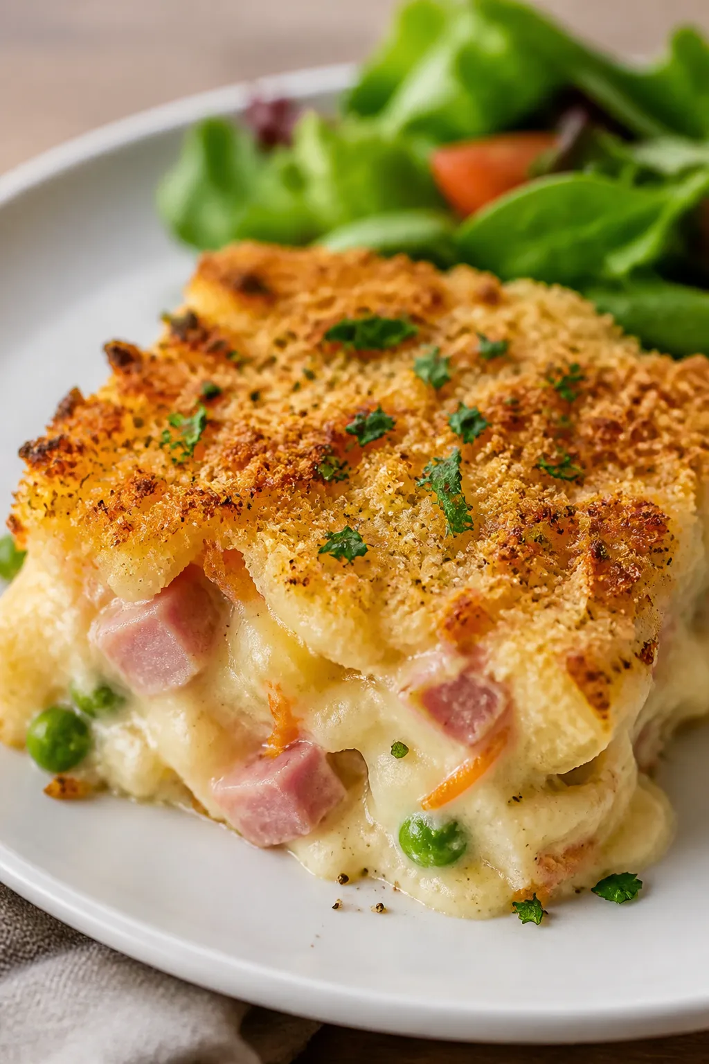 Final plated dish: Close-up three-quarter view of a generous serving of ham and potato casserole on 