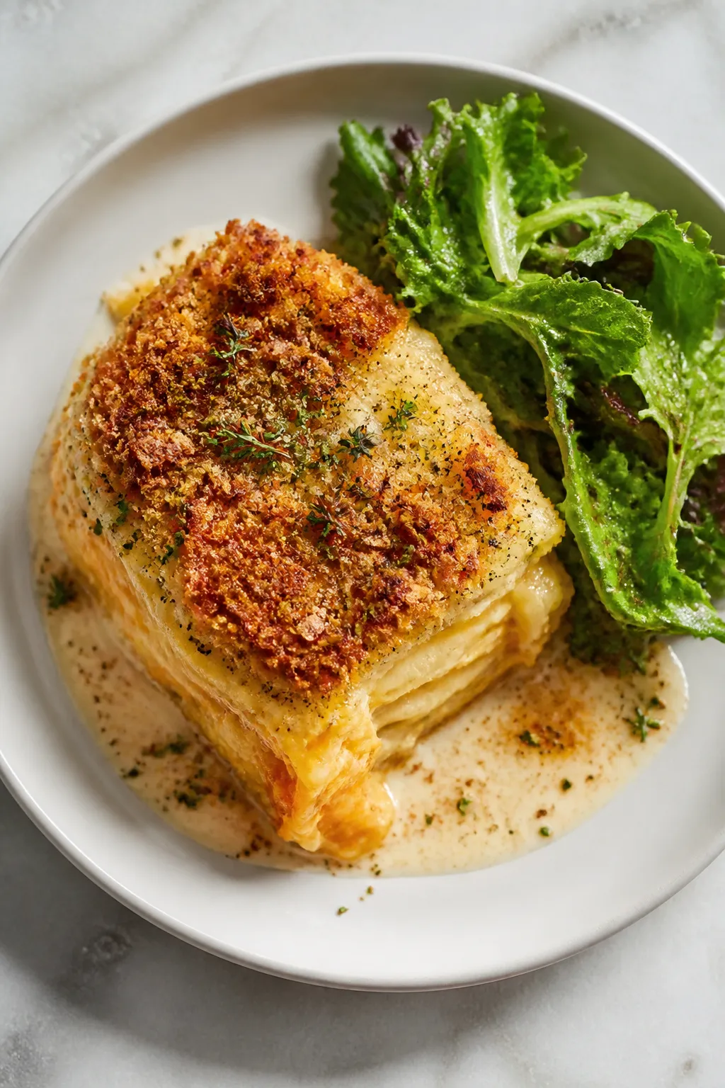 Final plated overhead: Perfectly set slice of potato casserole served on a matte white plate, top sp