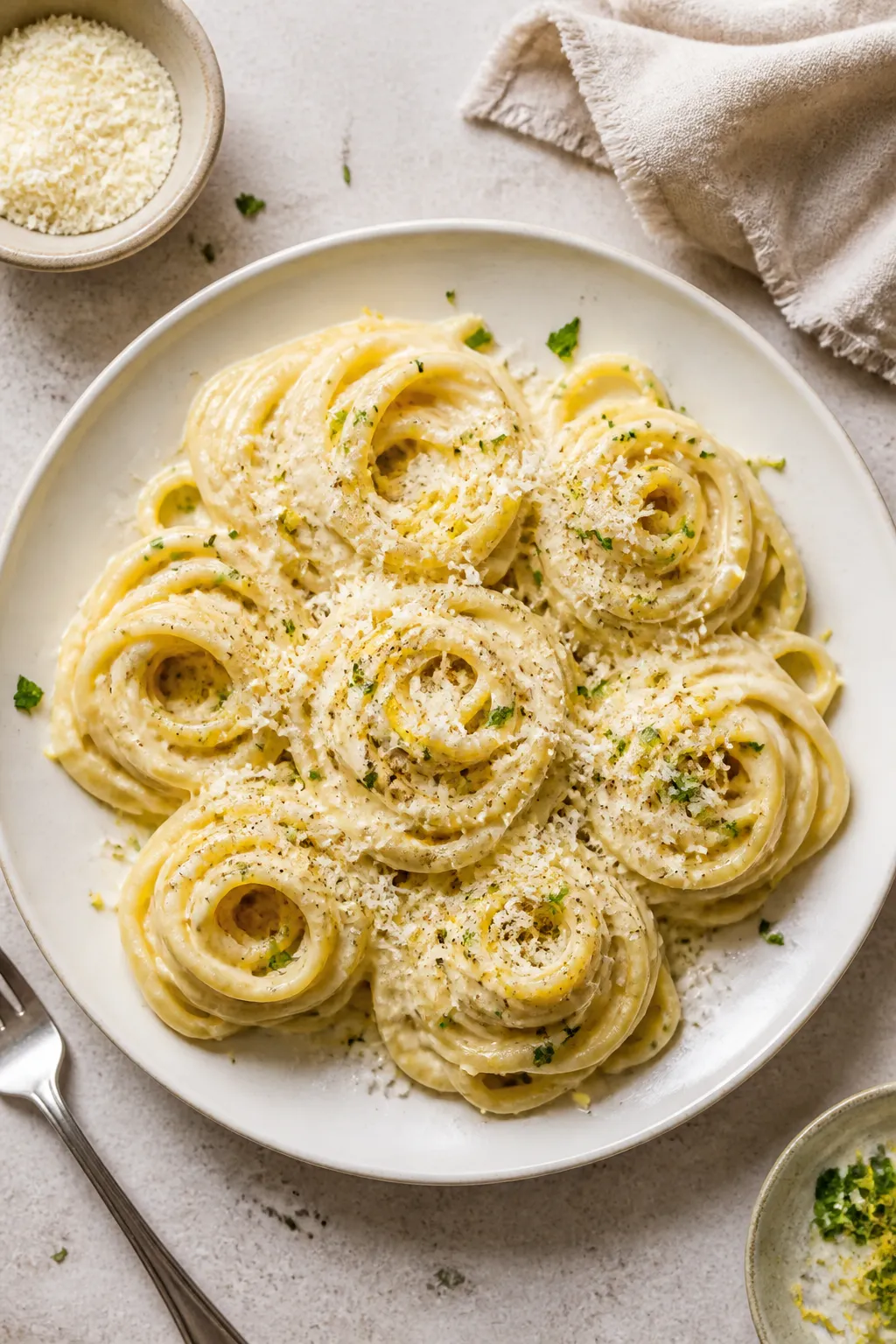 Final plated overhead: Restaurant-quality fettuccine Alfredo twirled into neat nests on a warm white