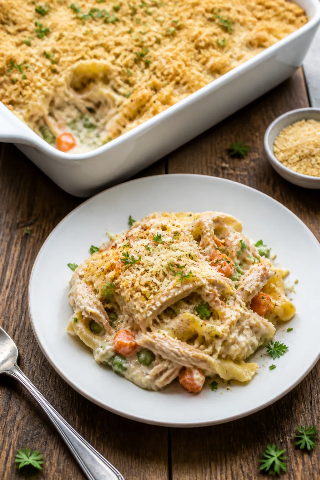 Overhead final presentation: A neatly scooped serving of creamy turkey casserole on a matte white pl