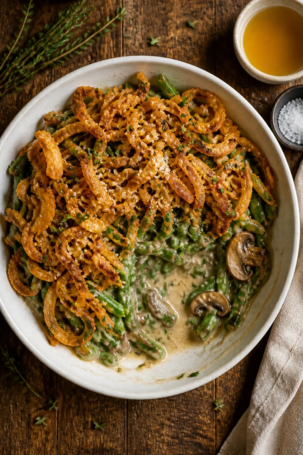 Overhead final presentation shot: a generous serving of Thanksgiving green bean casserole plated in 