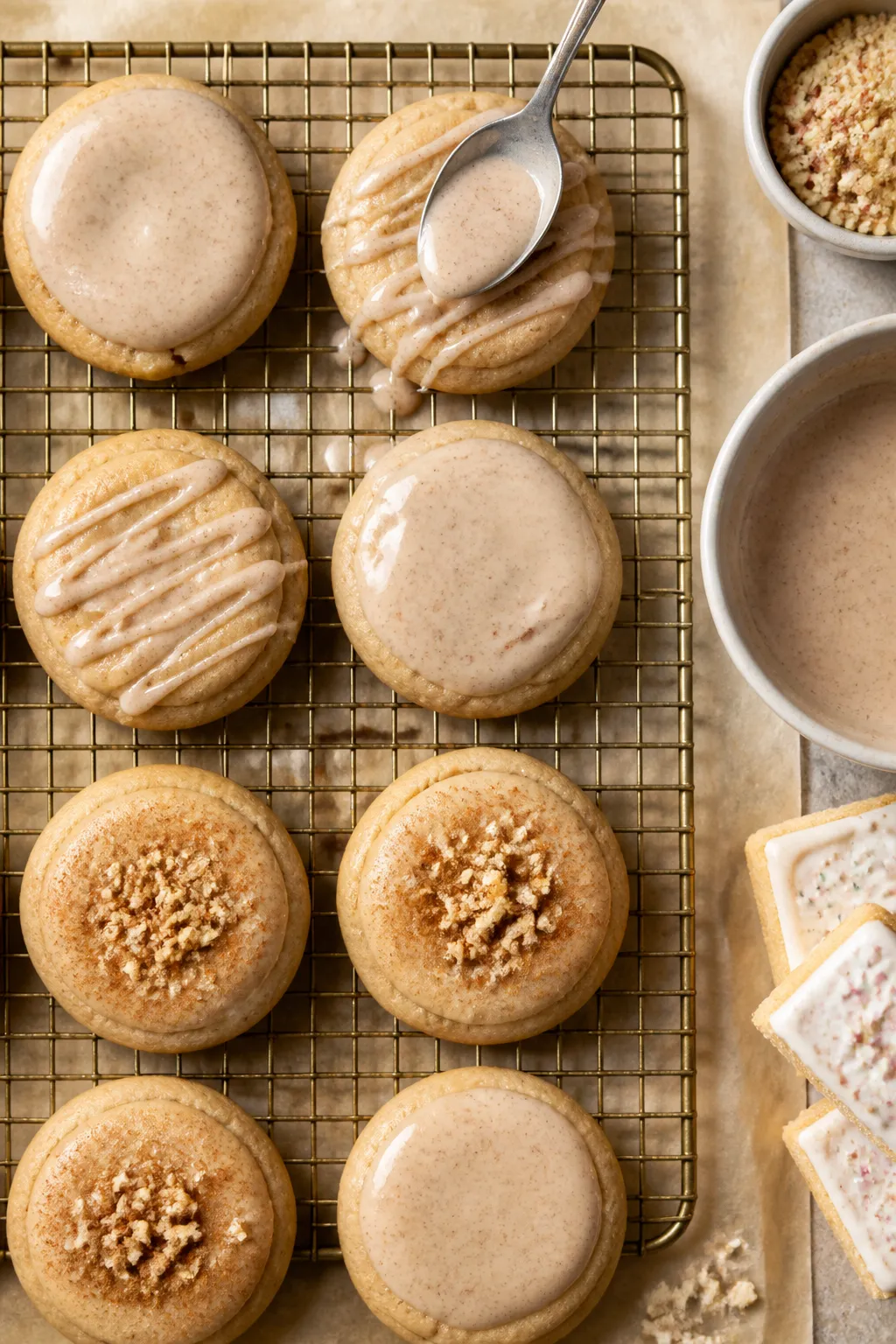 Overhead process-to-plated scene: A cooling rack filled with fully baked, slightly underbaked-center