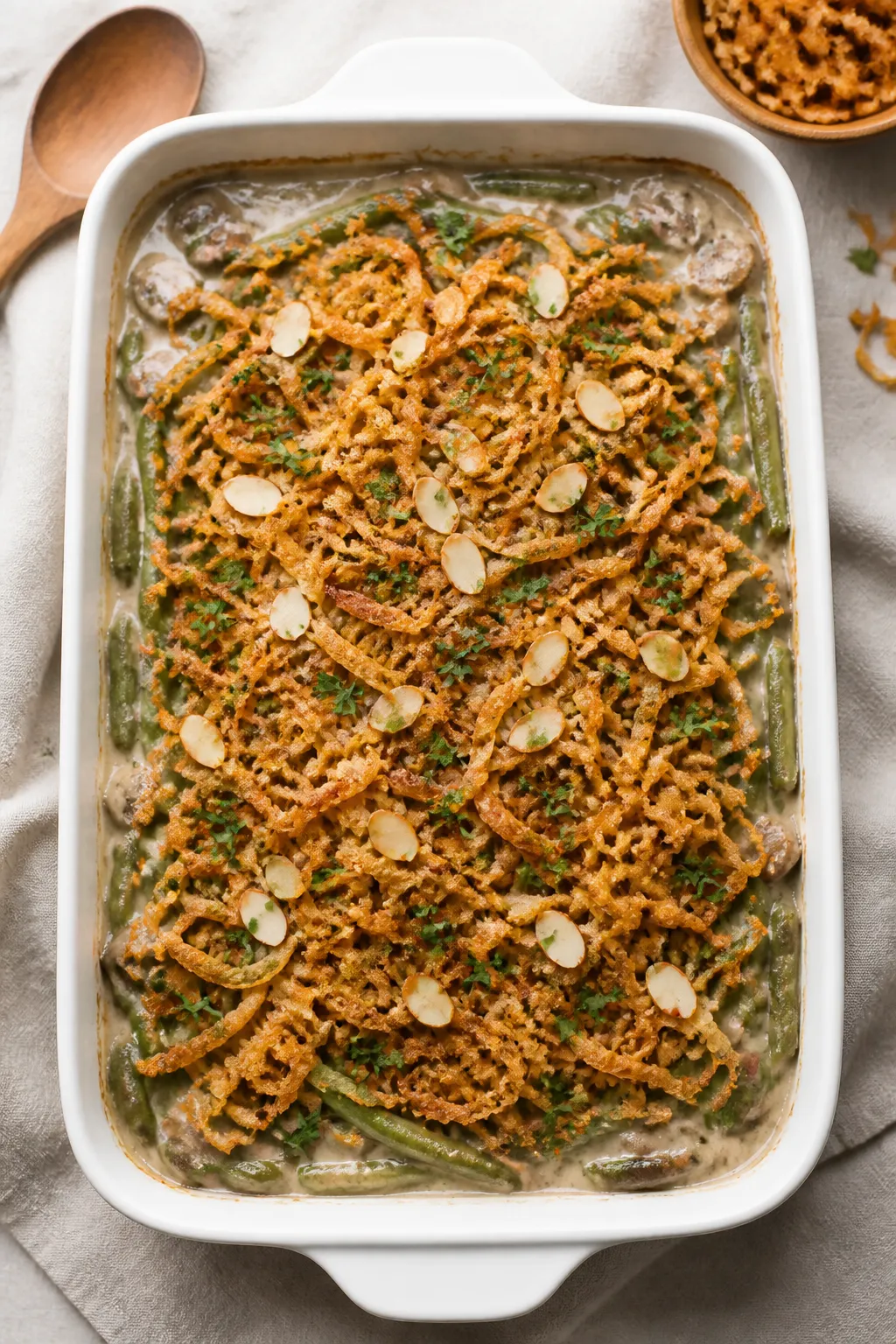 Overhead shot of a freshly baked green bean casserole just after the topping step: bubbling creamy m