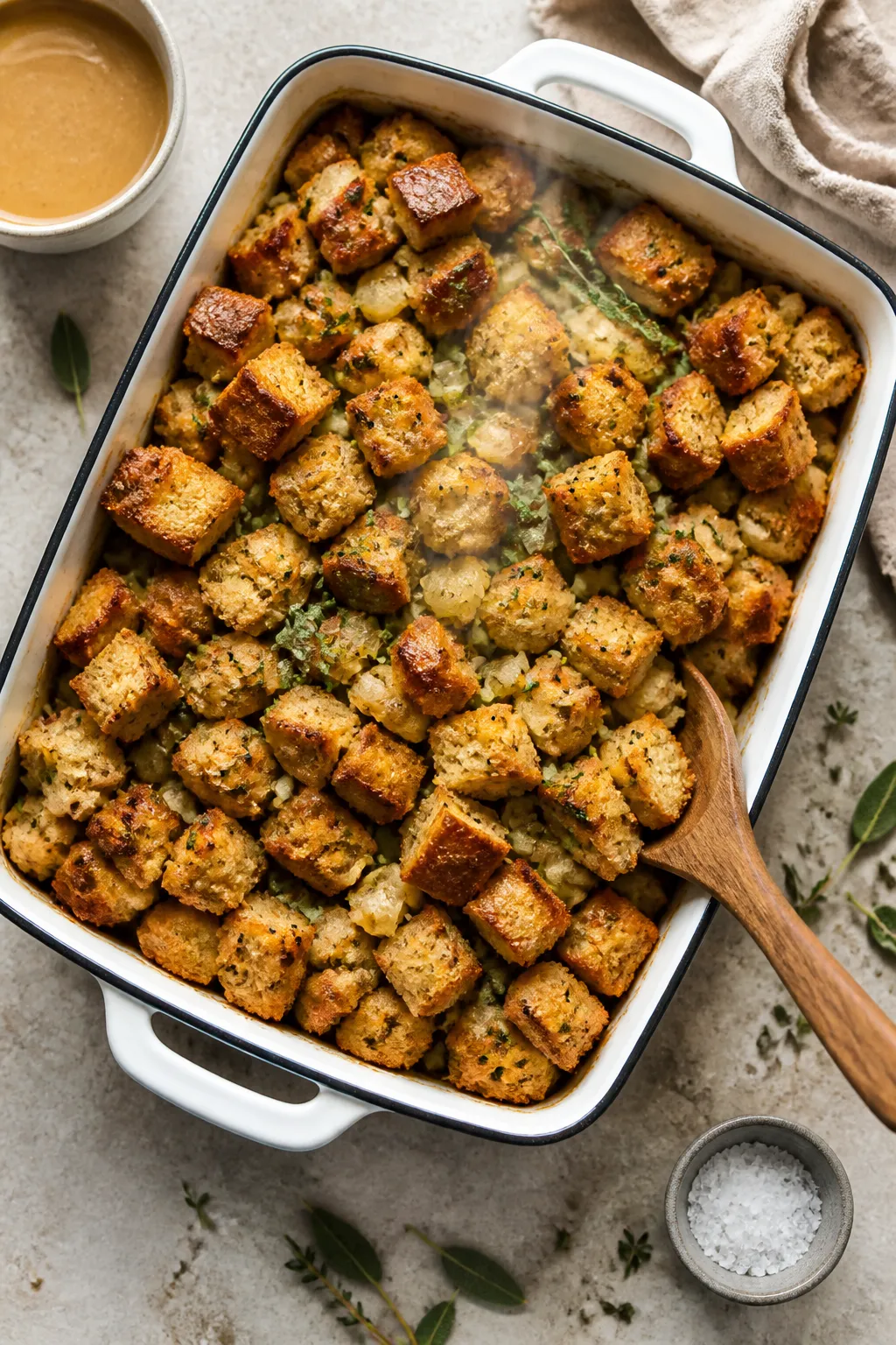 Overhead shot of a golden, herb-studded classic stuffing just out of the oven: deeply toasted bread 