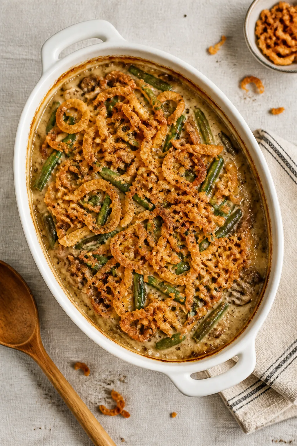 Overhead shot of a just-baked green bean casserole in a 2-quart white ceramic dish on a neutral line