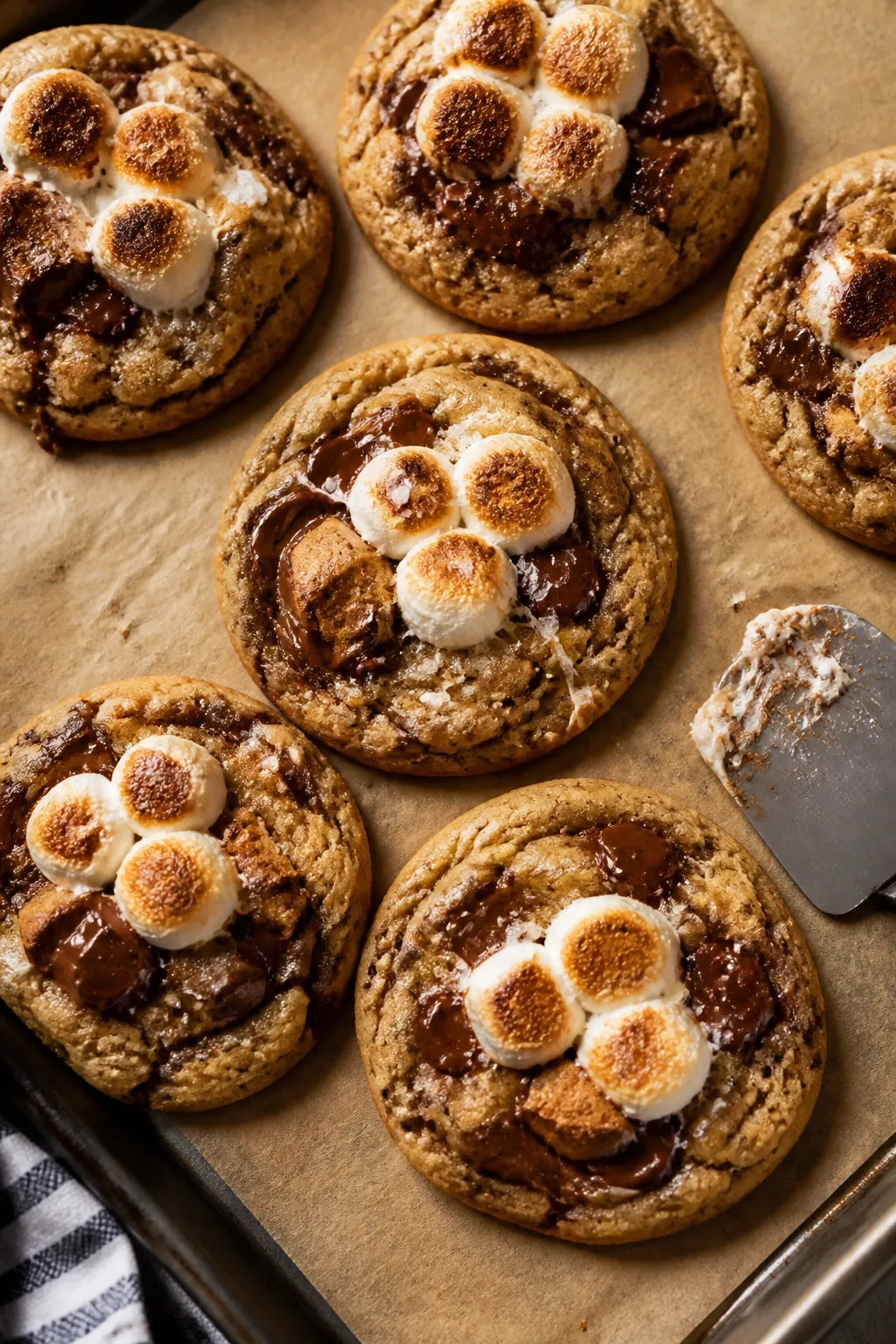 Overhead shot of freshly baked S’mores Chocolate Chip Cookies cooling on a parchment-lined sheet r