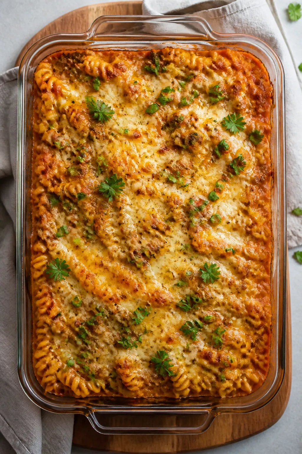 Overhead shot of the ground beef pasta casserole just out of the oven in a 9x13 baking dish: cheese 
