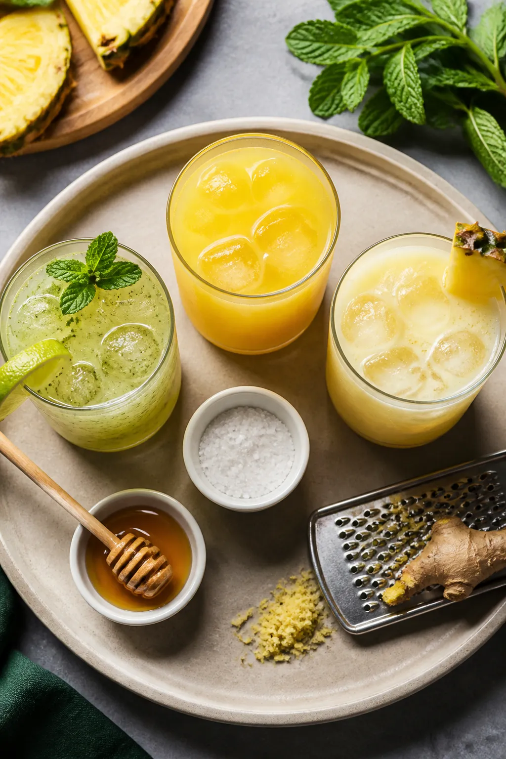 Tasty top view: Overhead shot of a trio of finished pineapple juice variations on a matte ceramic tr
