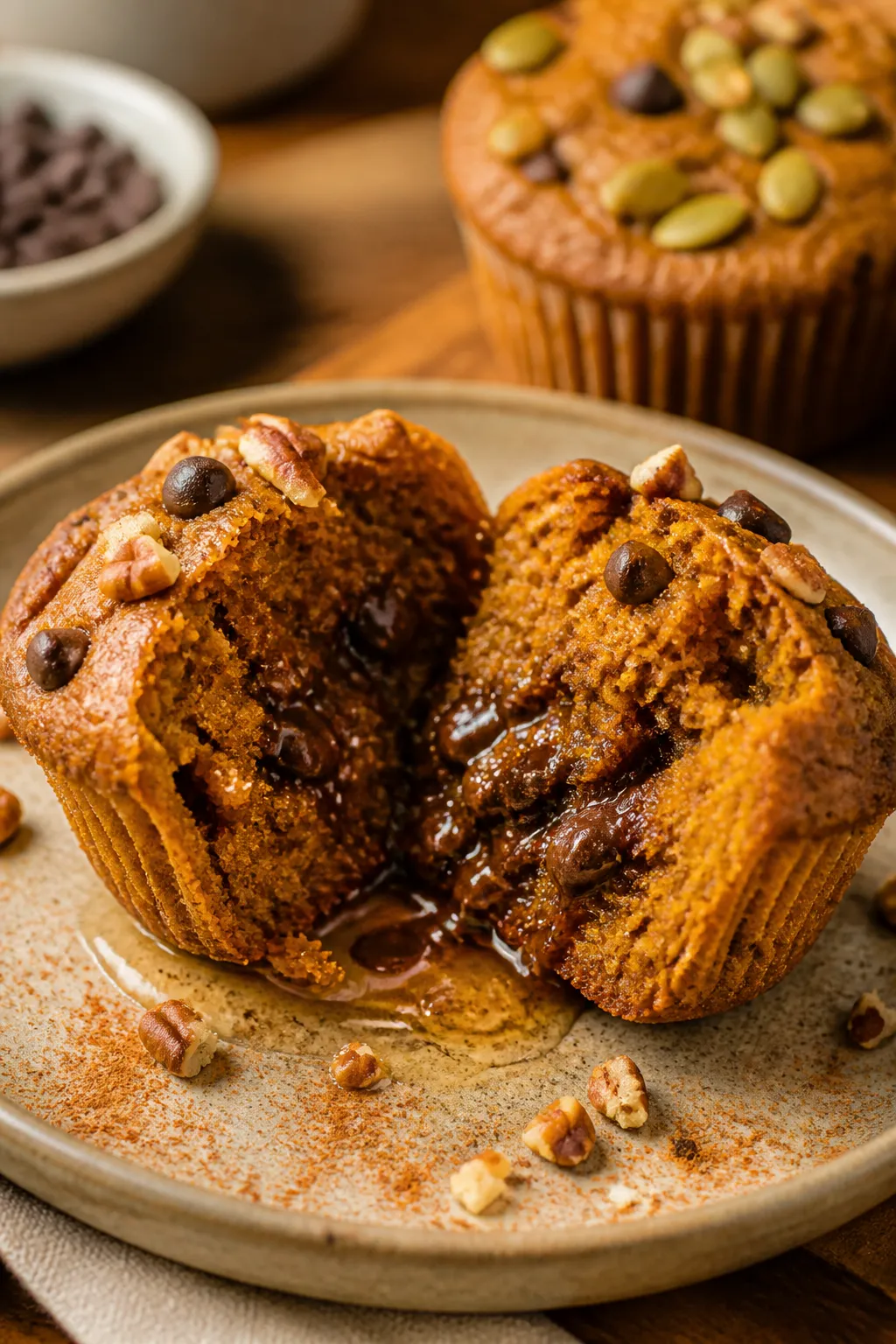 Close-up, 45-degree angle hero shot of a plated flourless pumpkin muffin split open to showcase the 