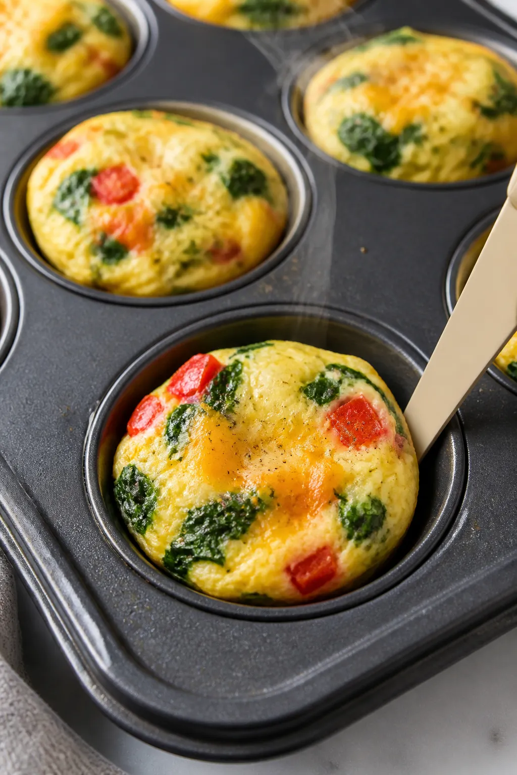 Close-up detail and cooking process: Muffin-tin egg bites just out of the oven at 300°F, still in a
