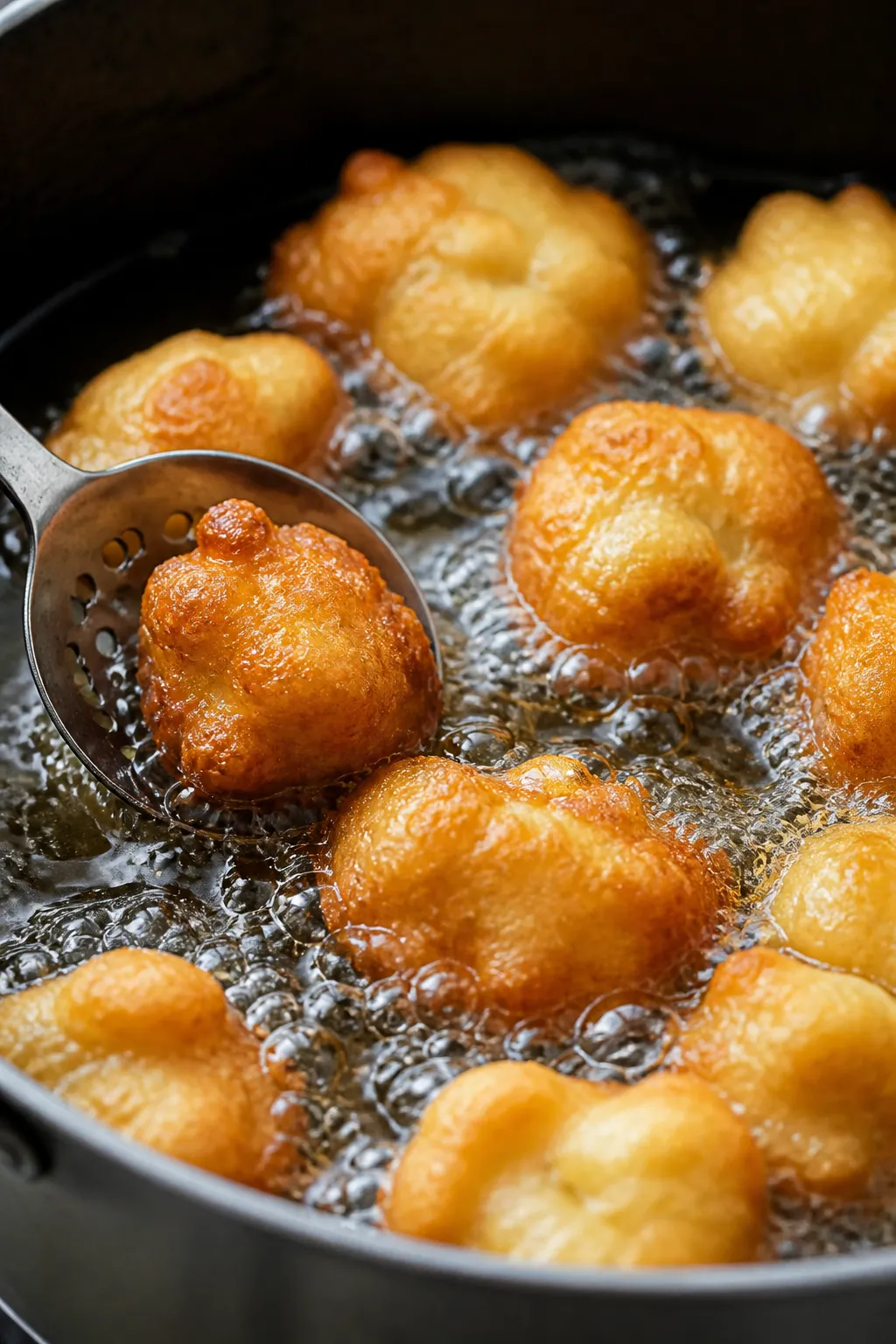 Close-up detail, cooking process: A cluster of funnel cake bites sizzling in a heavy pot of 350–36