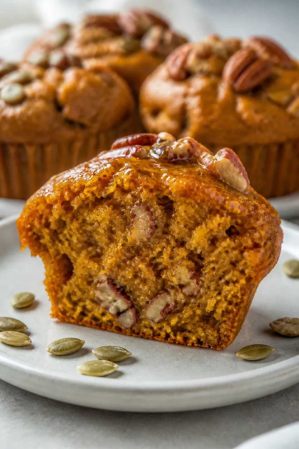 Close-up detail of a halved flourless pumpkin muffin on a small matte white plate, showing ultra-moi
