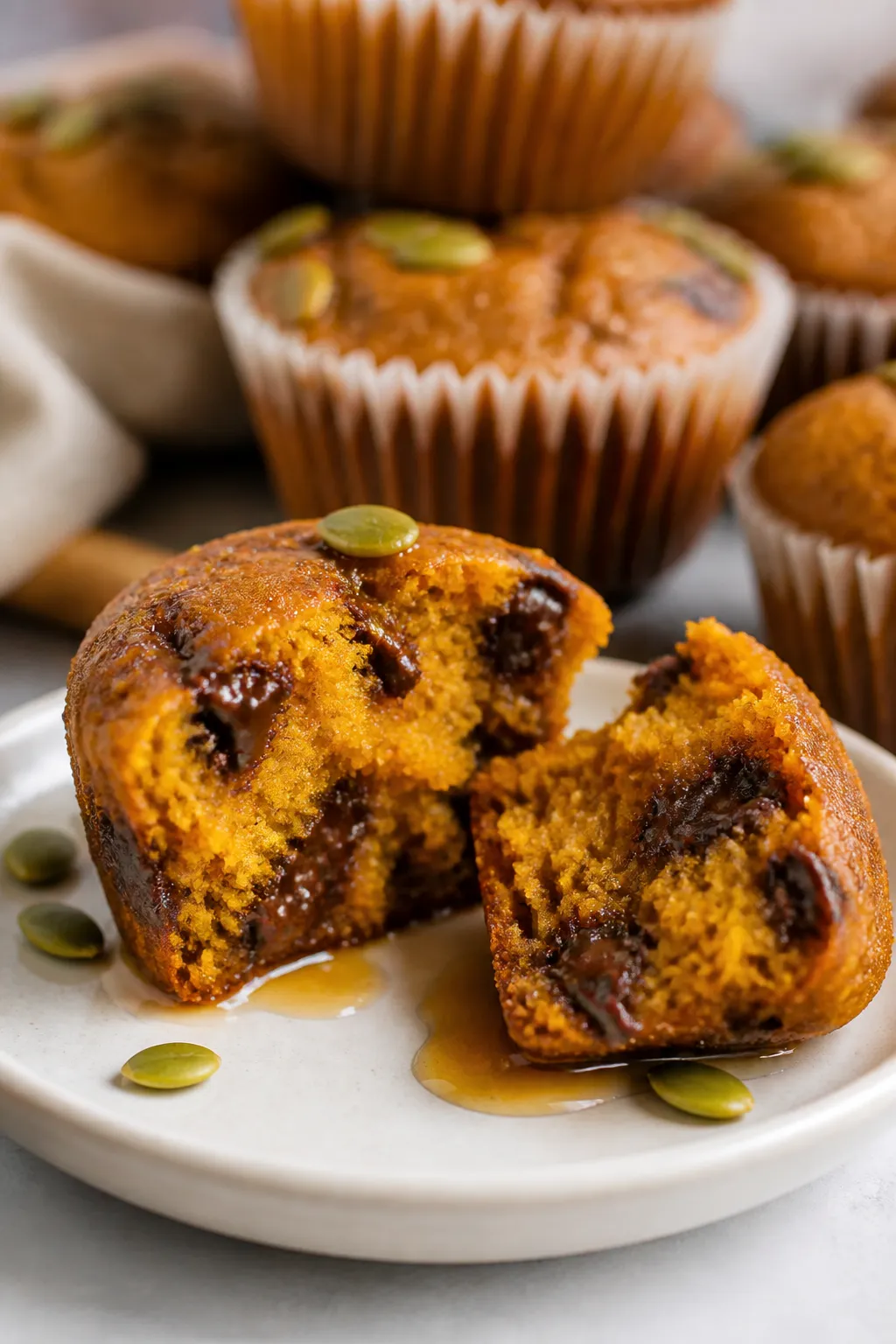 Close-up detail of a split-open flourless pumpkin muffin on a small matte white plate, revealing ult