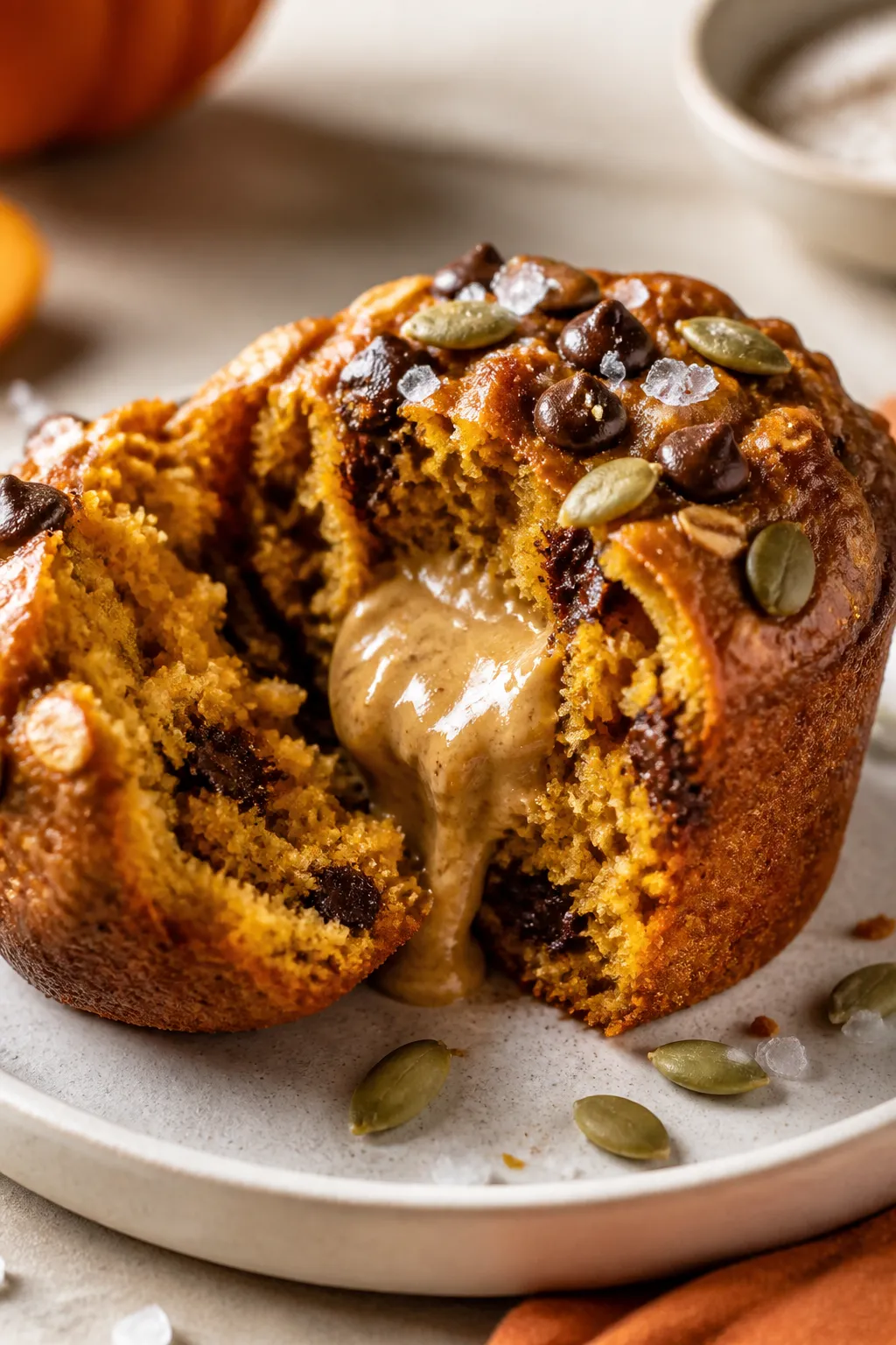 Close-up detail of a split-open pumpkin protein muffin on a small matte ceramic plate with a swipe o