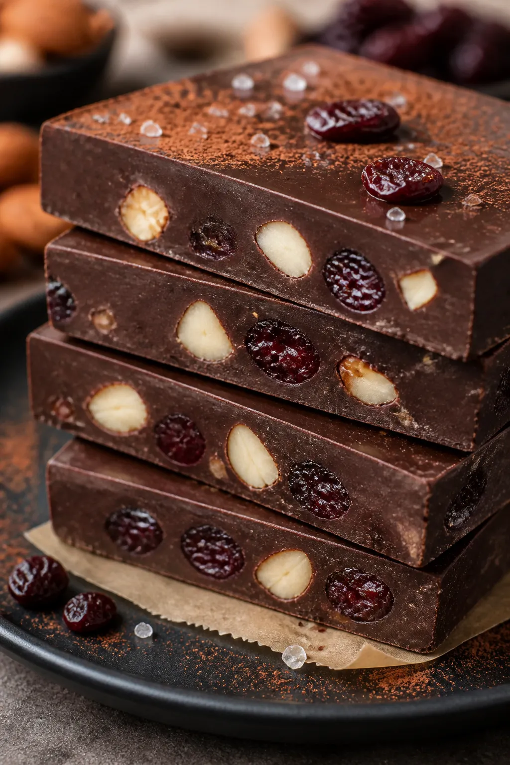 Close-up detail of neatly sliced no-bake chocolate bars stacked slightly offset on a matte black pla