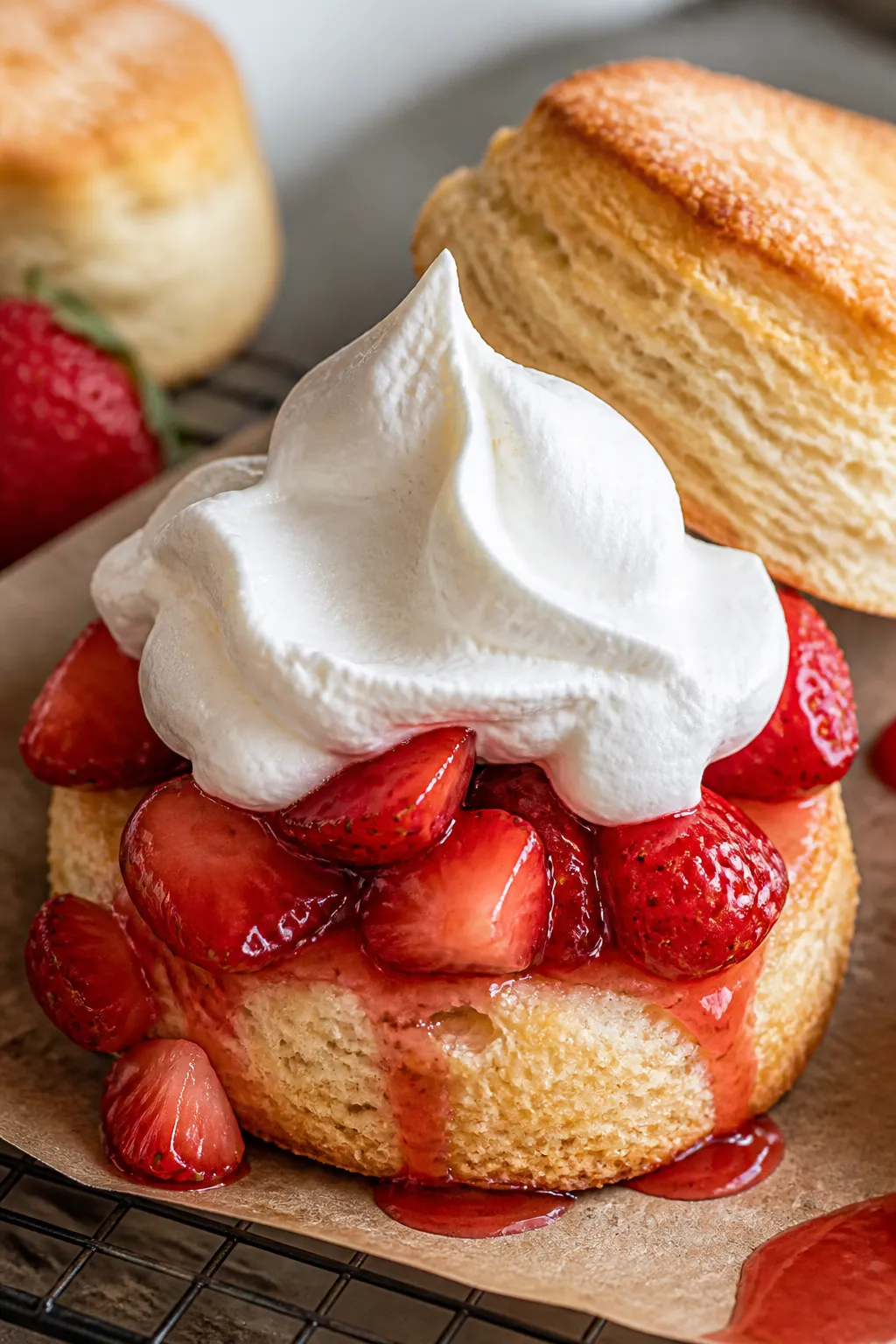 Close-up detail shot of a freshly baked strawberry shortcake being split and assembled: golden, flak