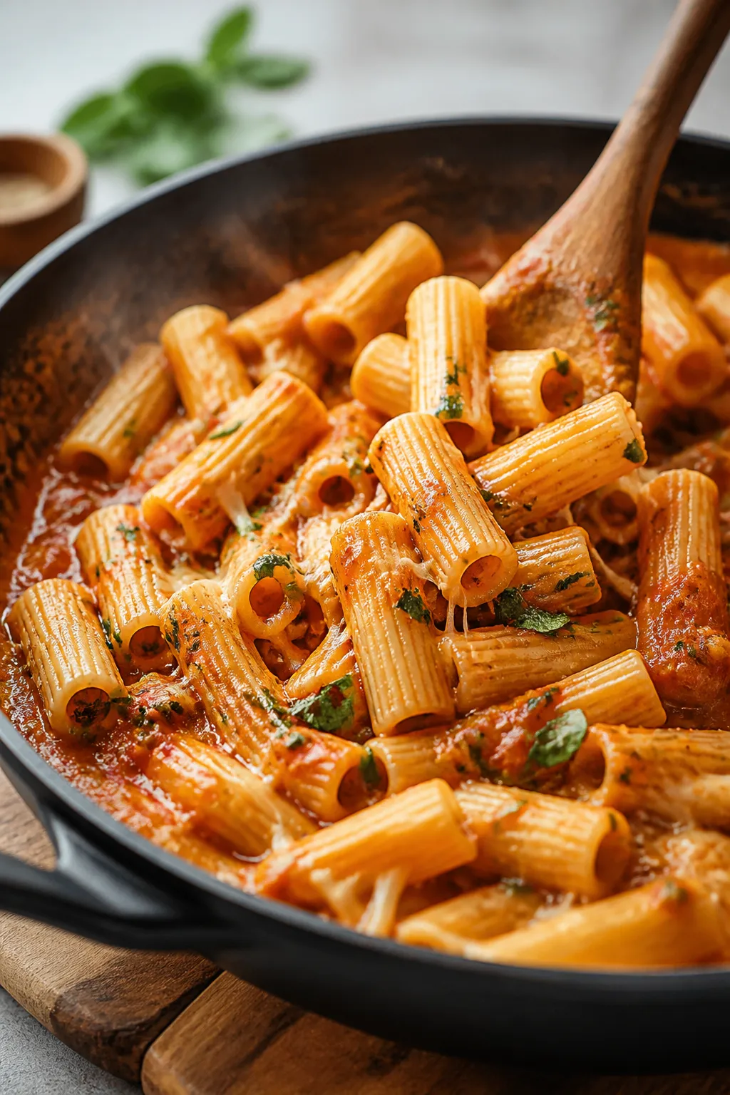 Close-up detail shot of al dente rigatoni being tossed in a skillet with a glossy tomato-garlic sauc